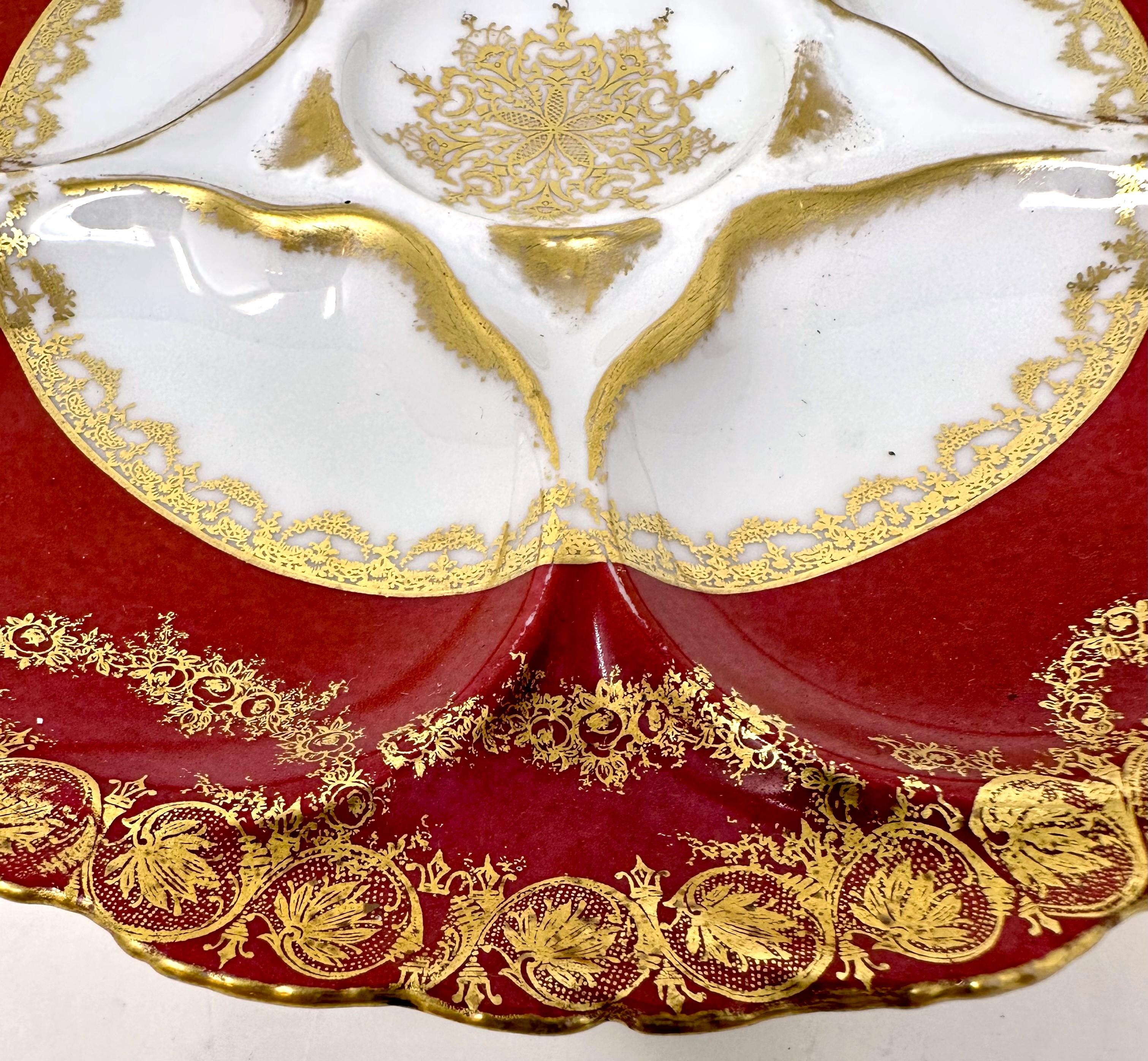 Antique French Haviland Limoges Red & Gold  Porcelain Oyster Plate, Circa 1900. In Good Condition In New Orleans, LA