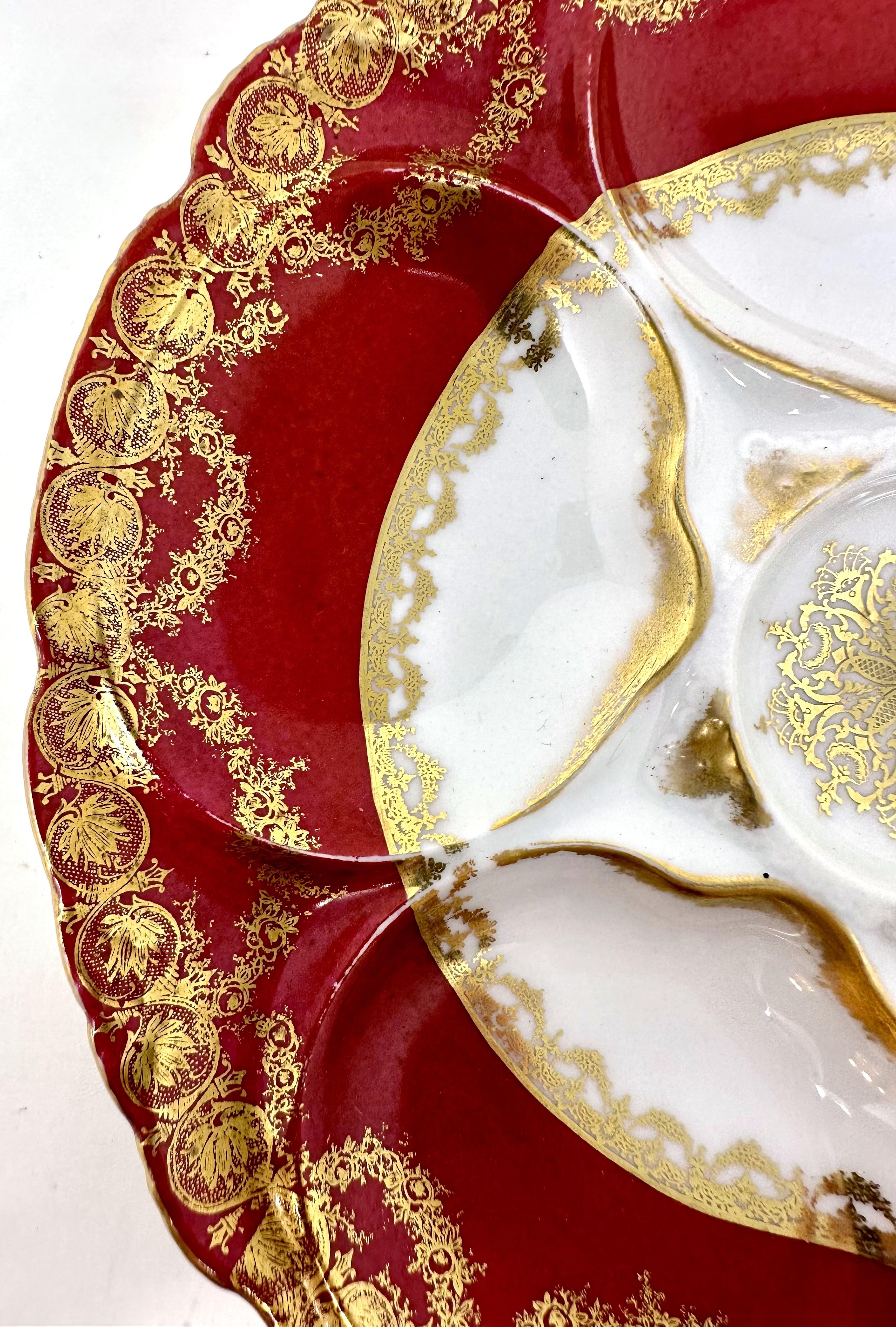 20th Century Antique French Haviland Limoges Red & Gold  Porcelain Oyster Plate, Circa 1900.