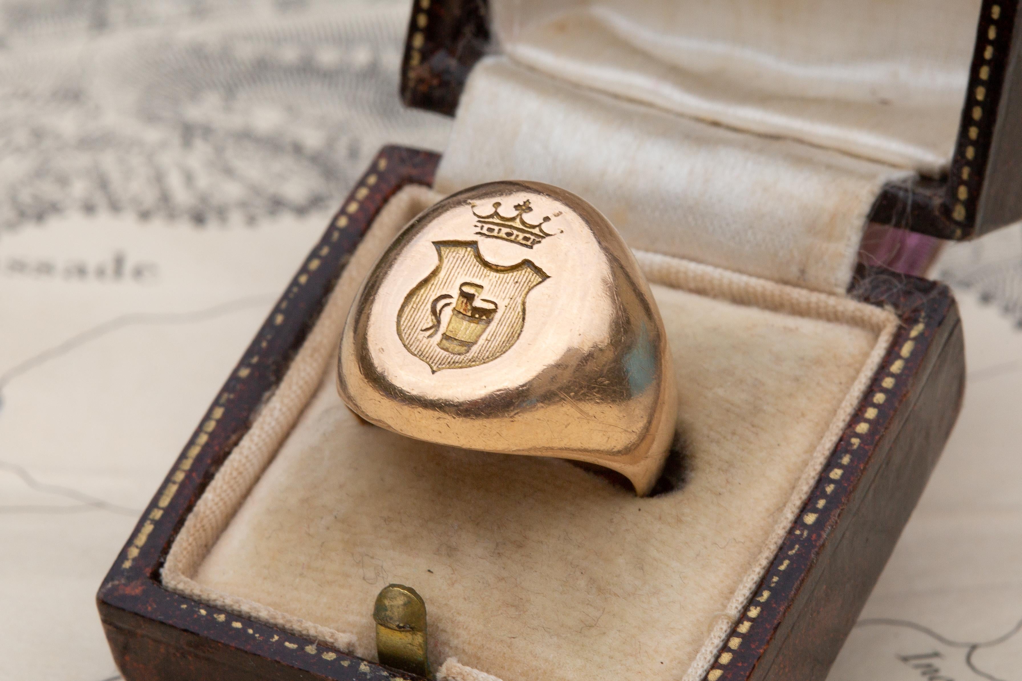Antique French Heavy 18K Gold Coat of Arms Intaglio Signet Ring Victorian 1