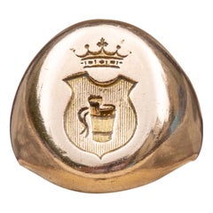 Antique French Heavy 18K Gold Coat of Arms Intaglio Signet Ring Victorian