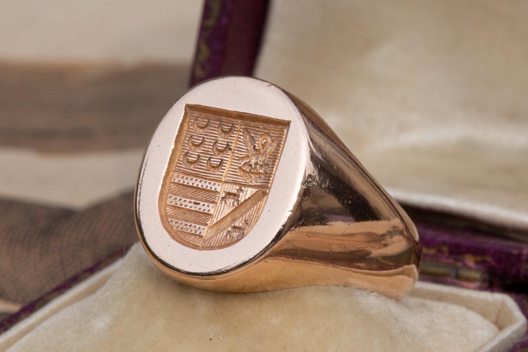 Antique French Heavy 18K Rose Gold Coat of Arms Intaglio Ring Wax Seal For Sale at 1stDibs