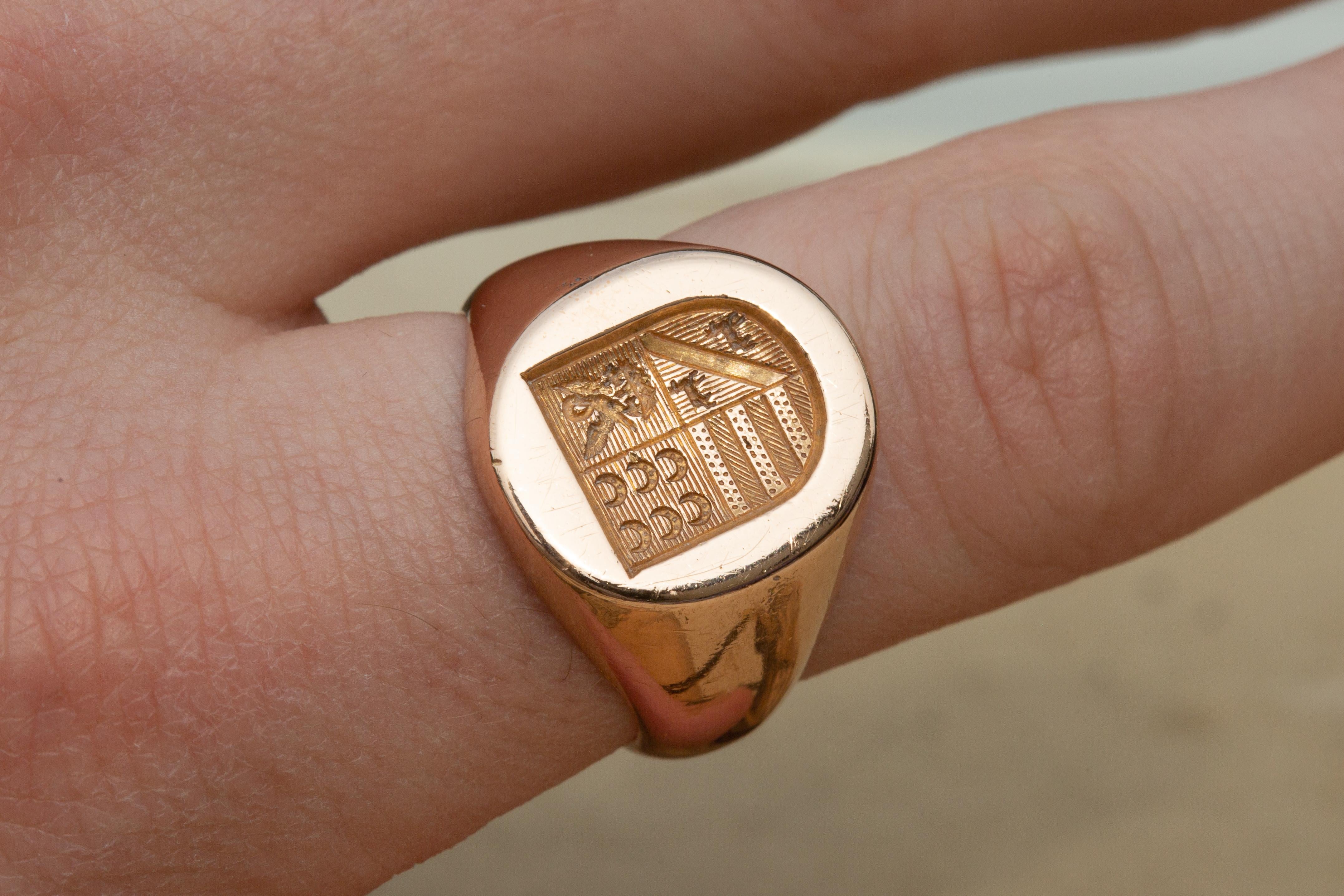 Antique French Heavy 18K Rose Gold Coat of Arms Intaglio Signet Ring Wax Seal 2