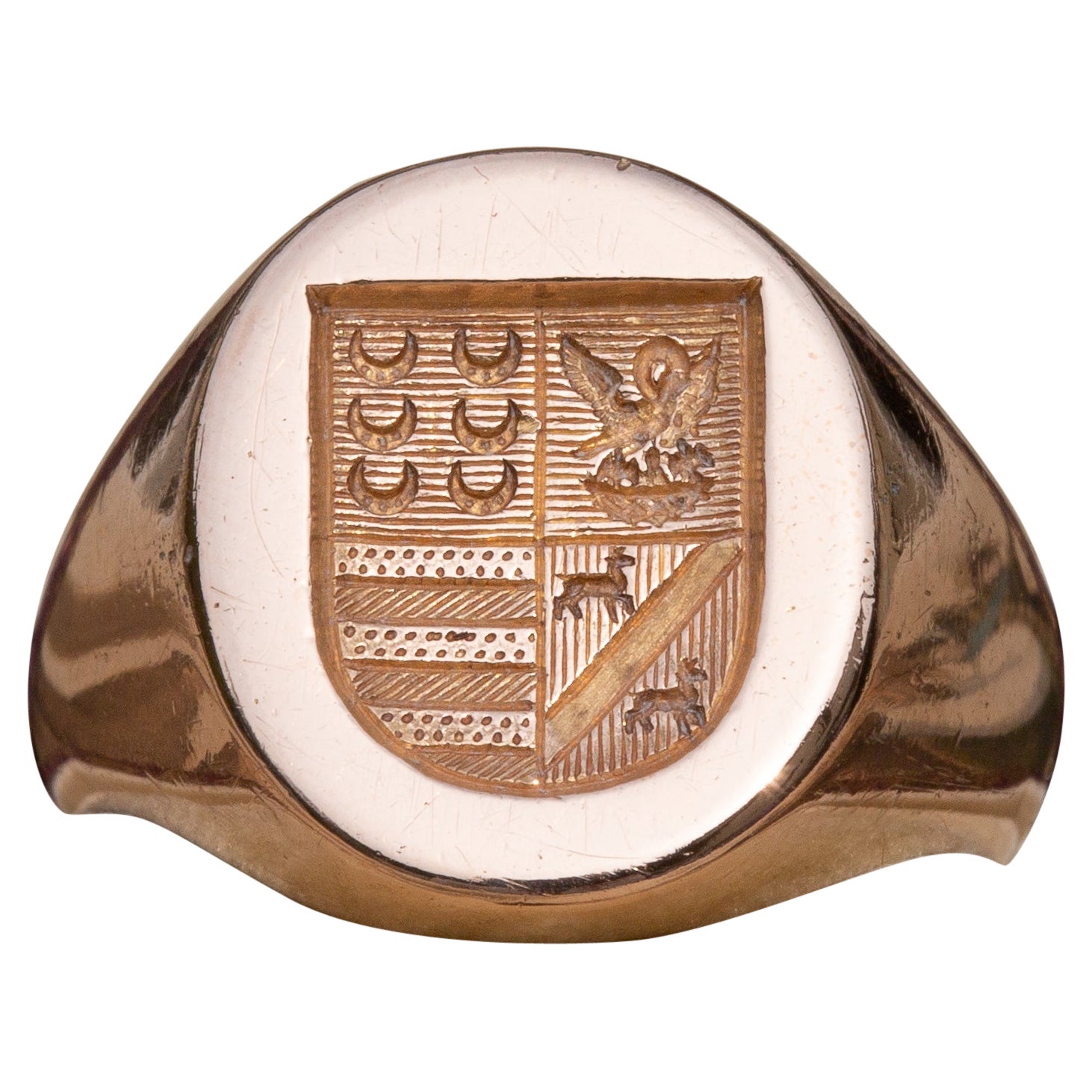 Antique French Heavy 18K Rose Gold Coat of Arms Intaglio Signet Ring Wax Seal