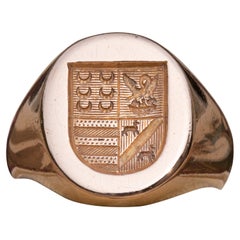 Antique French Heavy 18K Rose Gold Coat of Arms Intaglio Signet Ring Wax Seal