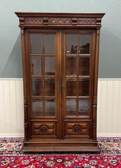 Antique French Henri II Bookcase Cabinet Bookshelf Glass Doors Walnut c. 1930s