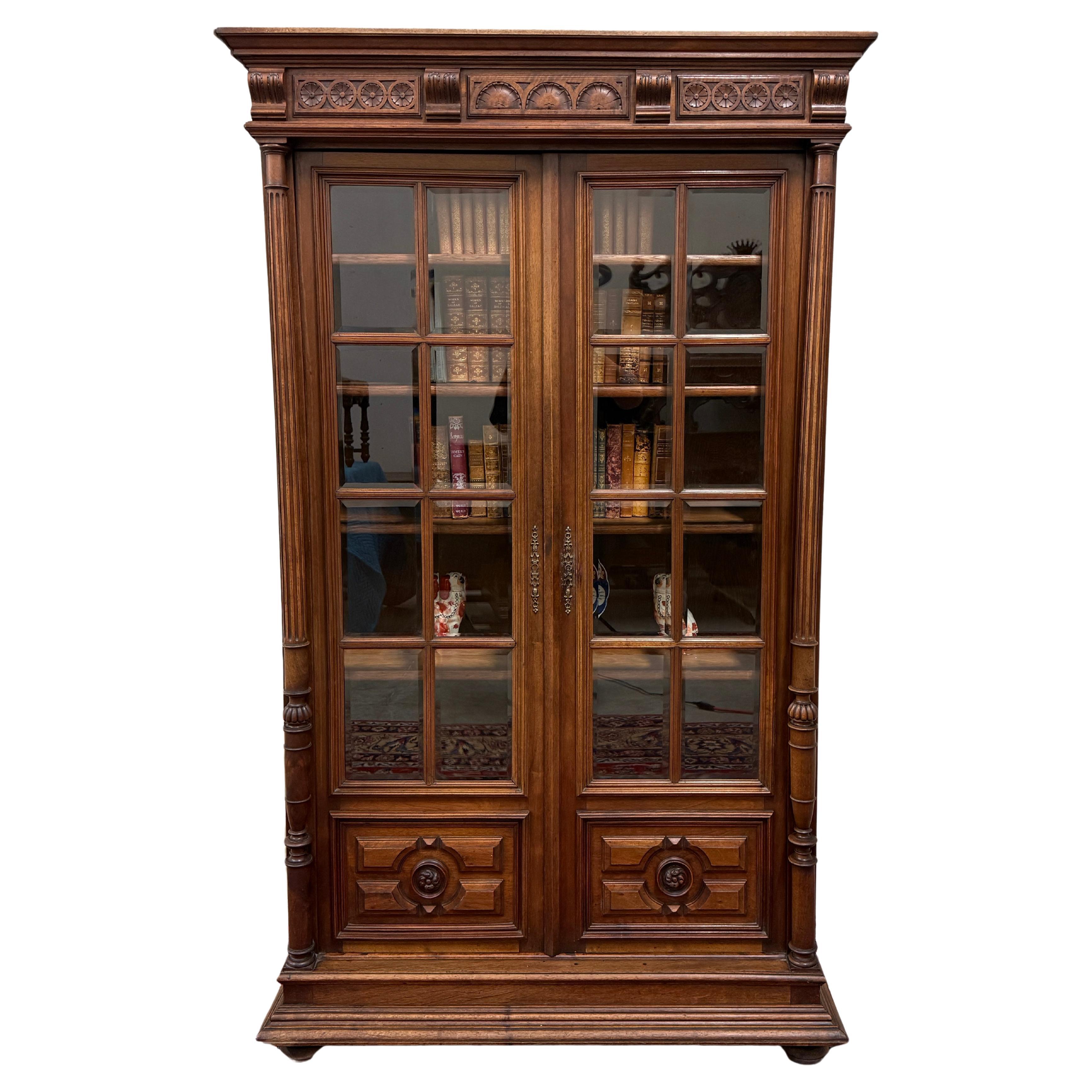 Antique French Henri II Bookcase Cabinet Bookshelf Glass Doors Walnut c. 1930s
