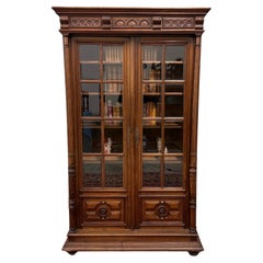 Antique French Henri II Bookcase Cabinet Bookshelf Glass Doors Walnut c. 1930s