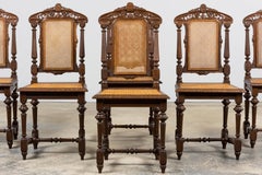Antique French Henri II Style Oak Cane Dining Chairs - Set of 6
