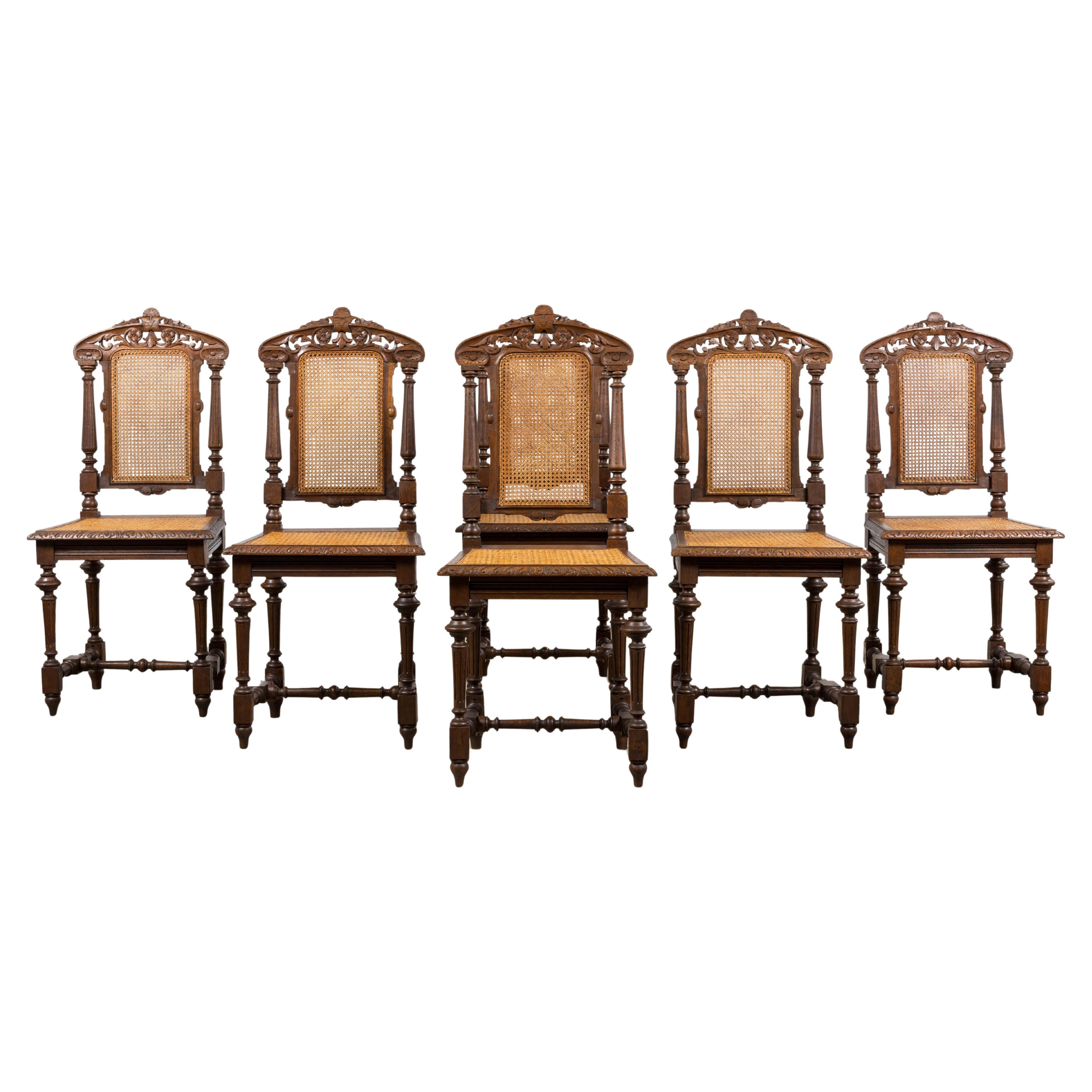 Antique French HENRY II Style Oak Cane Dining Chairs - Satz von 6 im Angebot