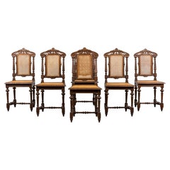 Antique French HENRY II Style Oak Cane Dining Chairs - Satz von 6