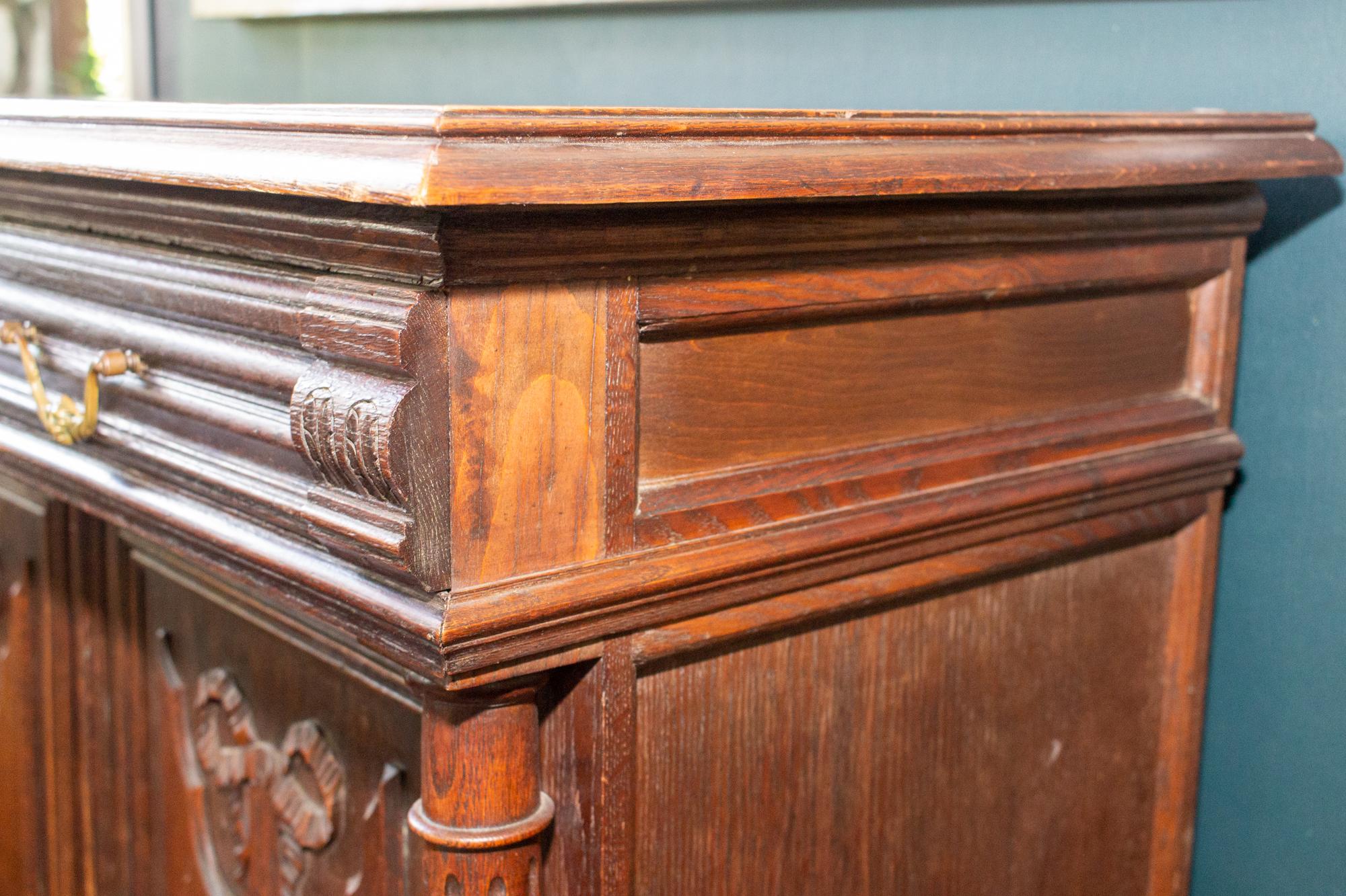 Antique French Henri II Style Oak Carved Buffet with Carved Bow Detail For Sale 8