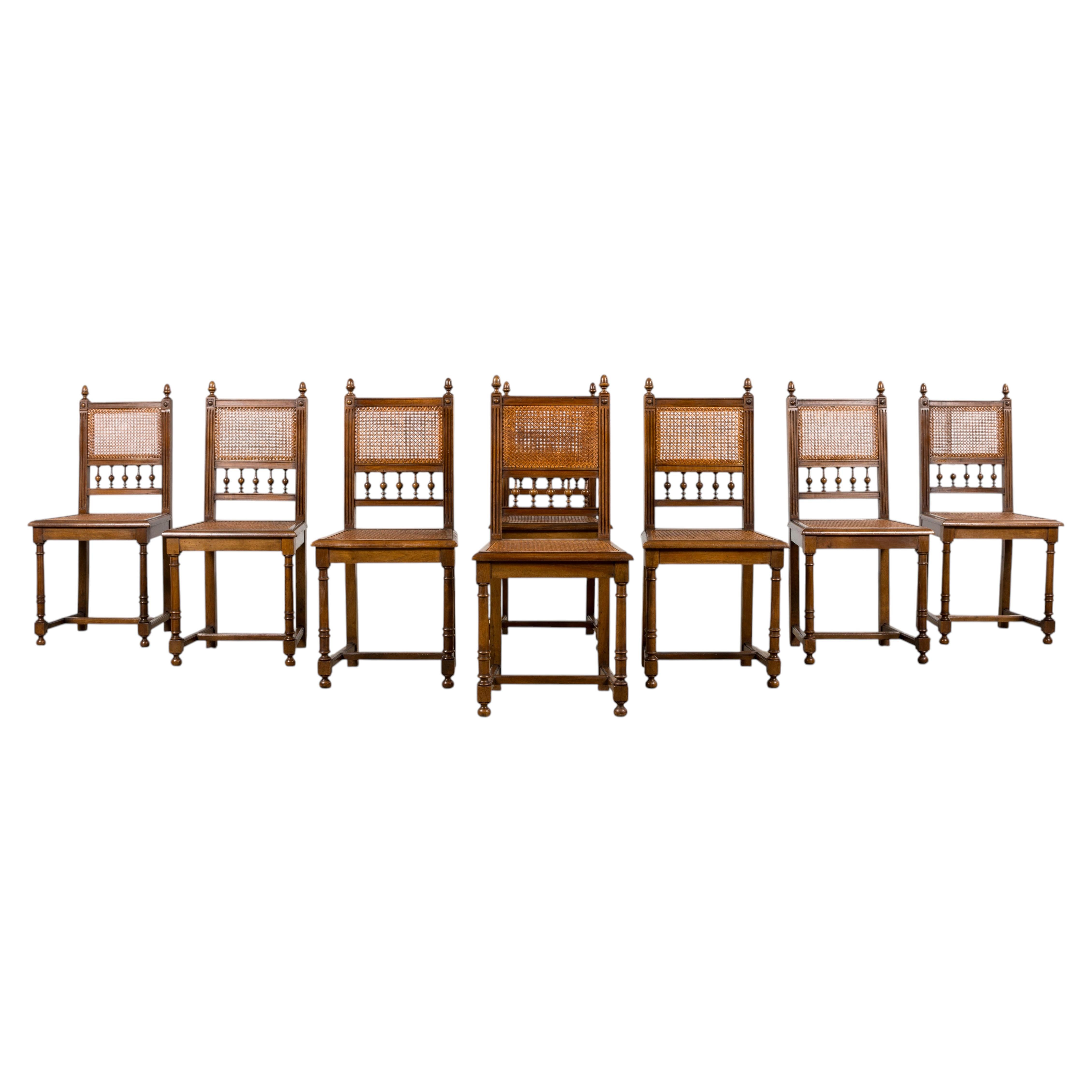Antique French Henri II Style Walnut & Cane Dining Chairs, Set of 8
