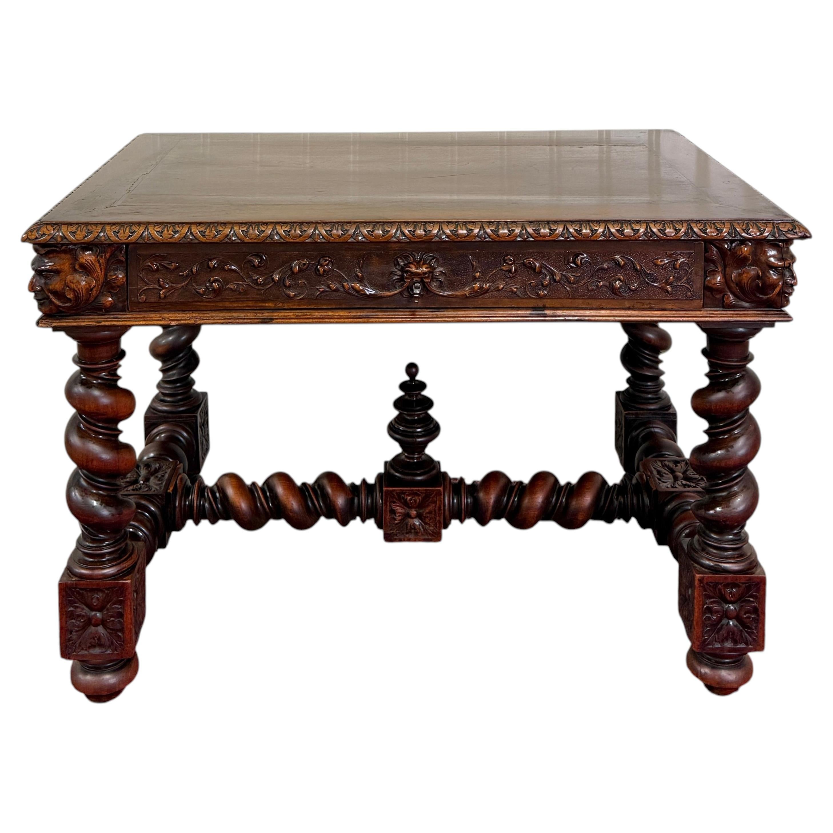 Antique French Henri II Style Writing Desk Barley Twist Carved Walnut 19th C