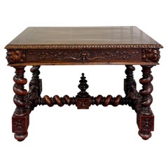 Antique French Henri II Style Writing Desk Barley Twist Carved Walnut 19th C