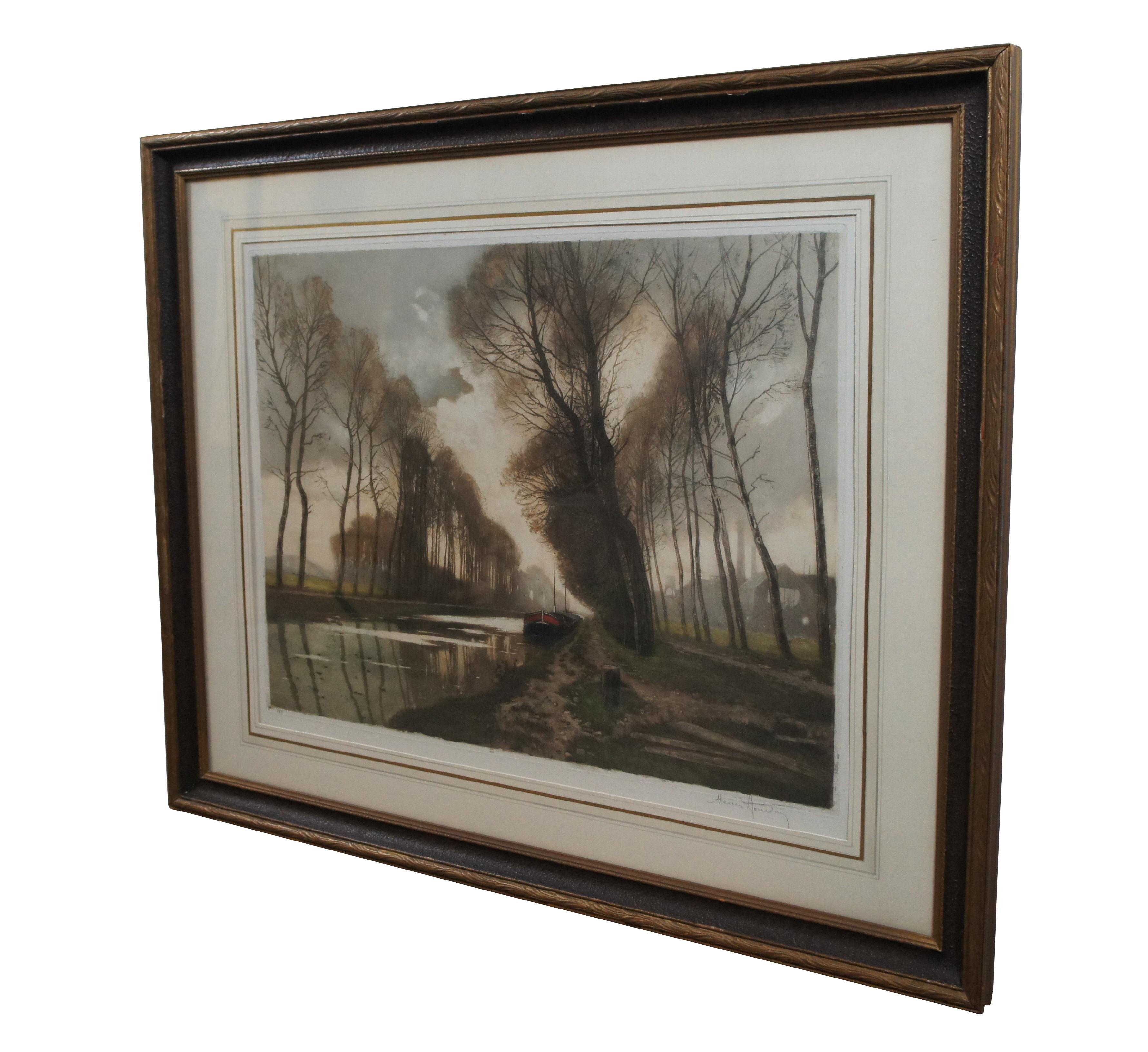 Antique limited edition hand colored dry-point etching titled “Canal on the Marne” by Henri Jourdain showing a view of a barge at the side of a French canal lined with trees. Pencil signed and numbered 143. Sold by David Bendann’s Fine Art Rooms,