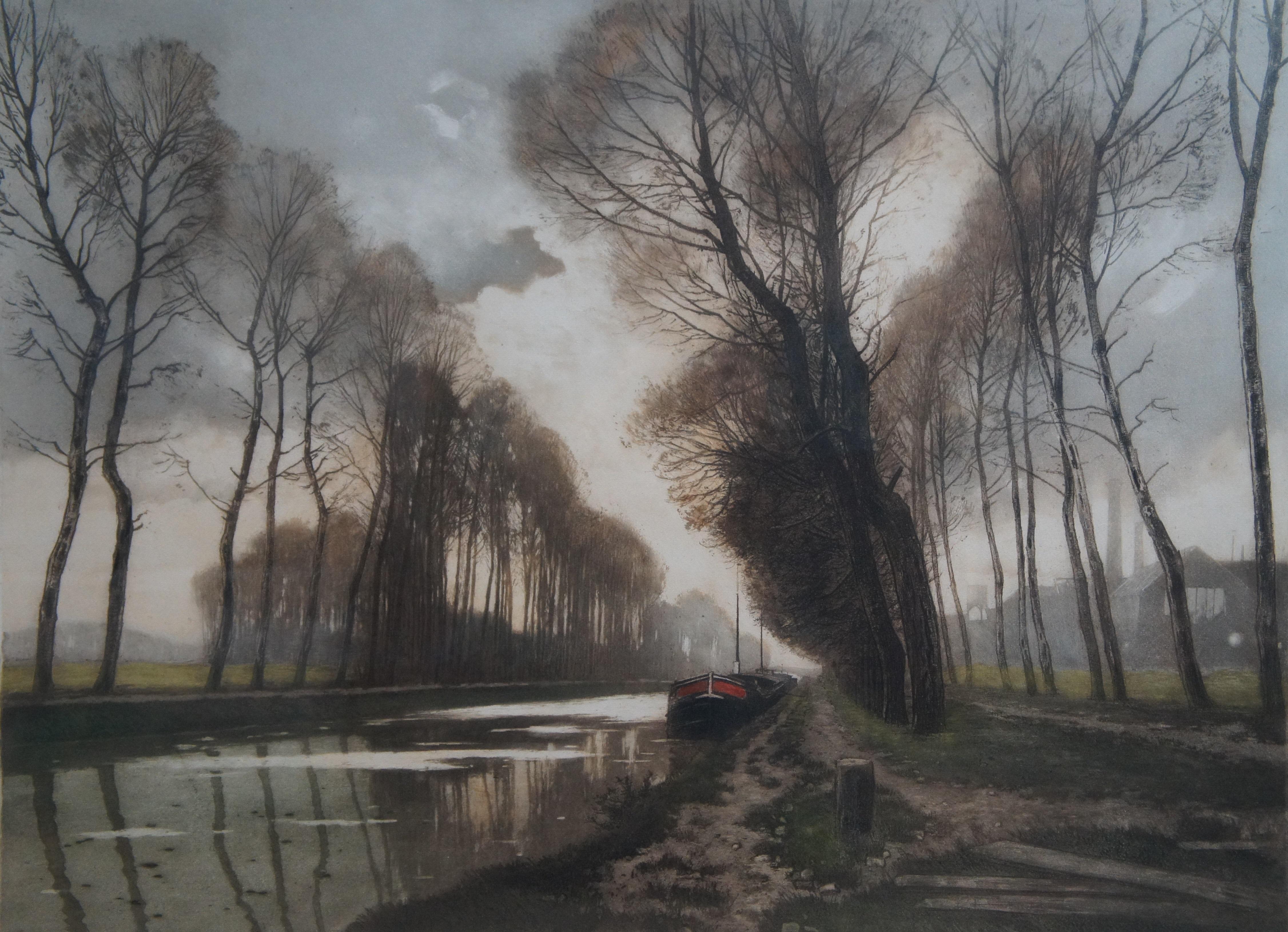Antiker französischer Henri Jourdain-Kanal auf dem Marne- Drypoint-Gravur, 39