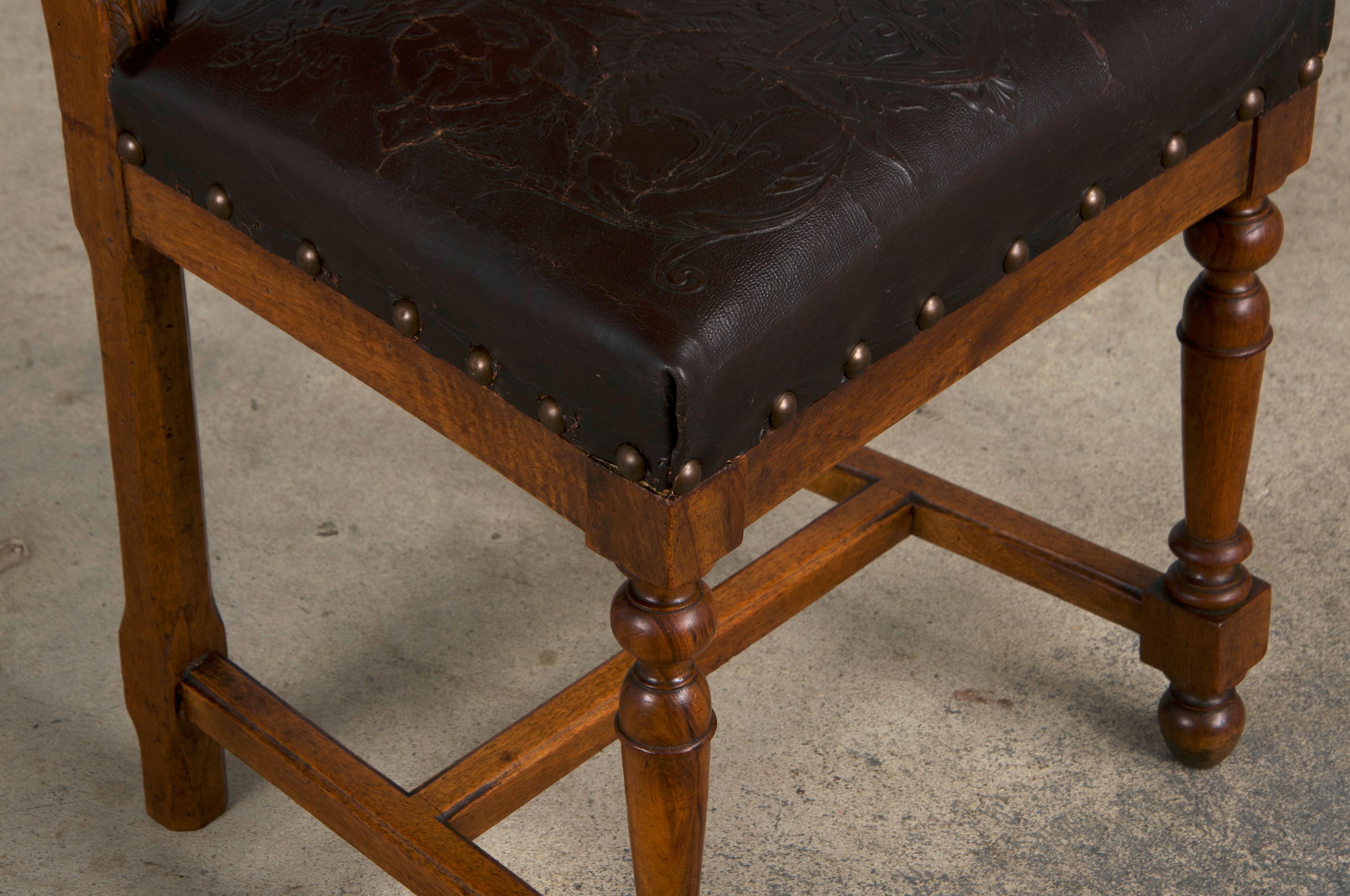 Antique French Henry II Style Walnut Dining Chairs W/ Leather Seats - Set of 6 4