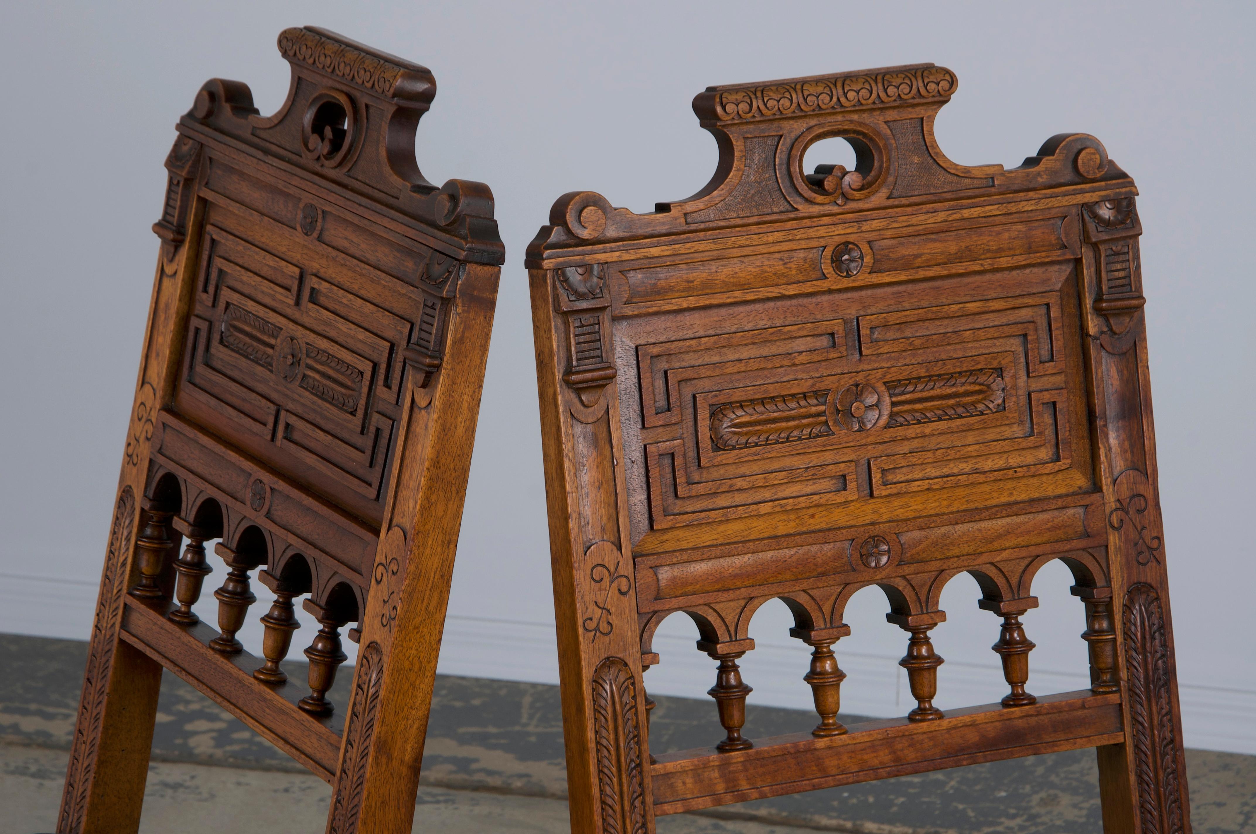 Antique French Henry II Style Walnut Dining Chairs W/ Leather Seats - Set of 6 6