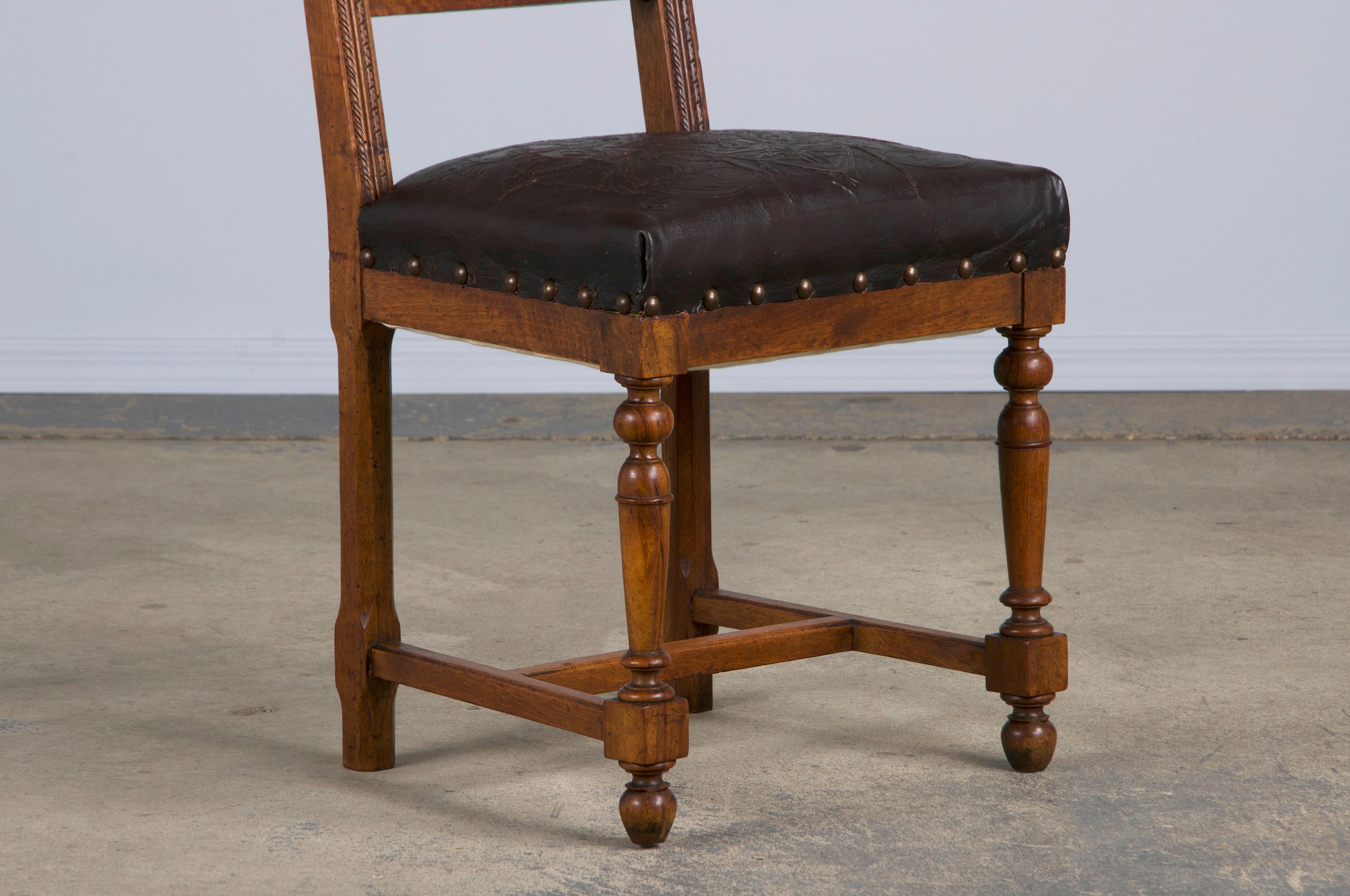 Antique French Henry II Style Walnut Dining Chairs W/ Leather Seats - Set of 6 7