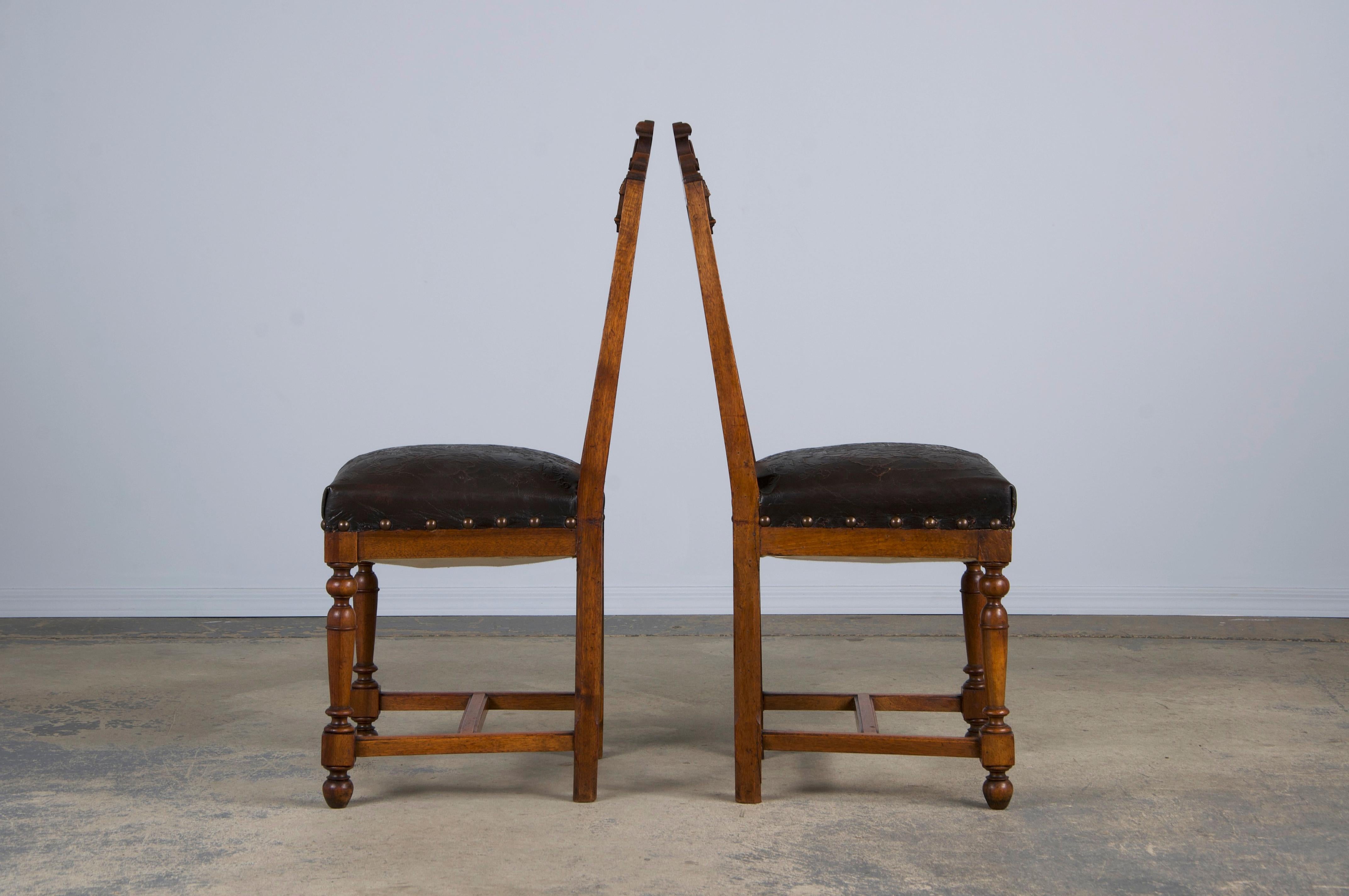 Antique French Henry II Style Walnut Dining Chairs W/ Leather Seats - Set of 6 8