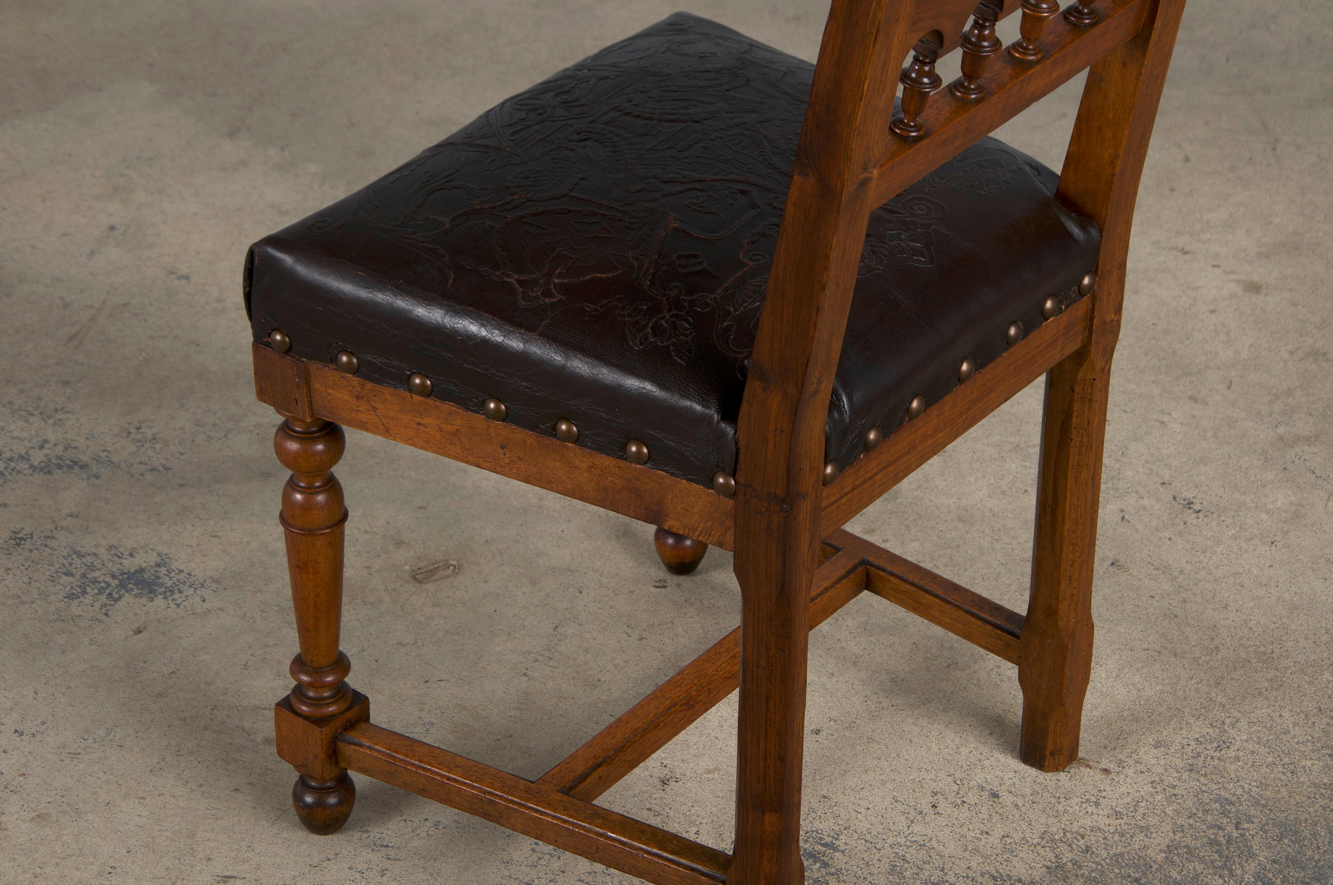 Antique French Henry II Style Walnut Dining Chairs W/ Leather Seats - Set of 6 10