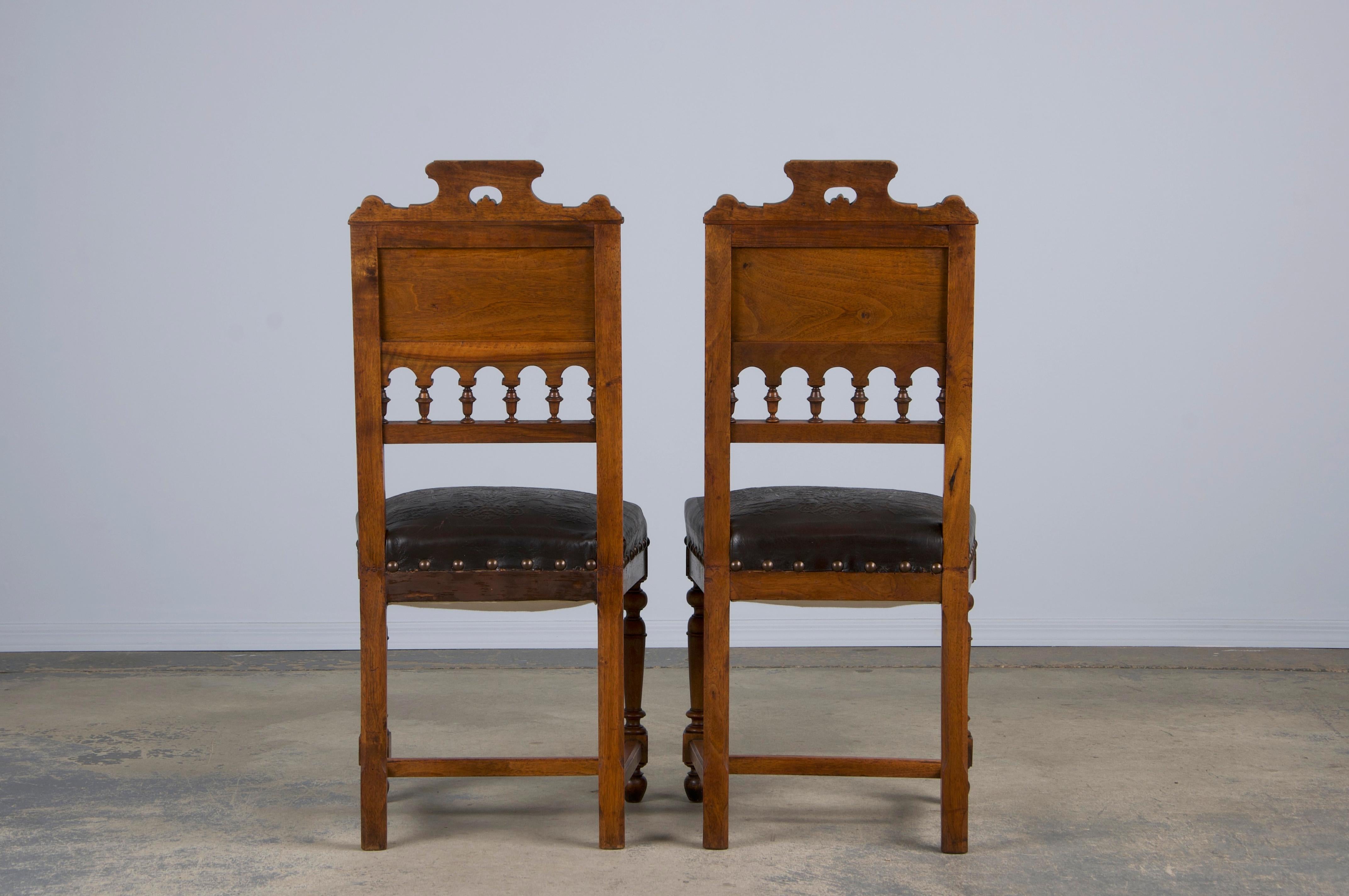 Antique French Henry II Style Walnut Dining Chairs W/ Leather Seats - Set of 6 11