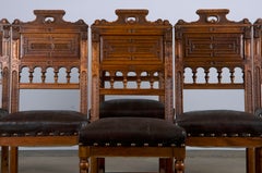 Antique French Henry II Style Walnut Dining Chairs W/ Leather Seats - Set of 6