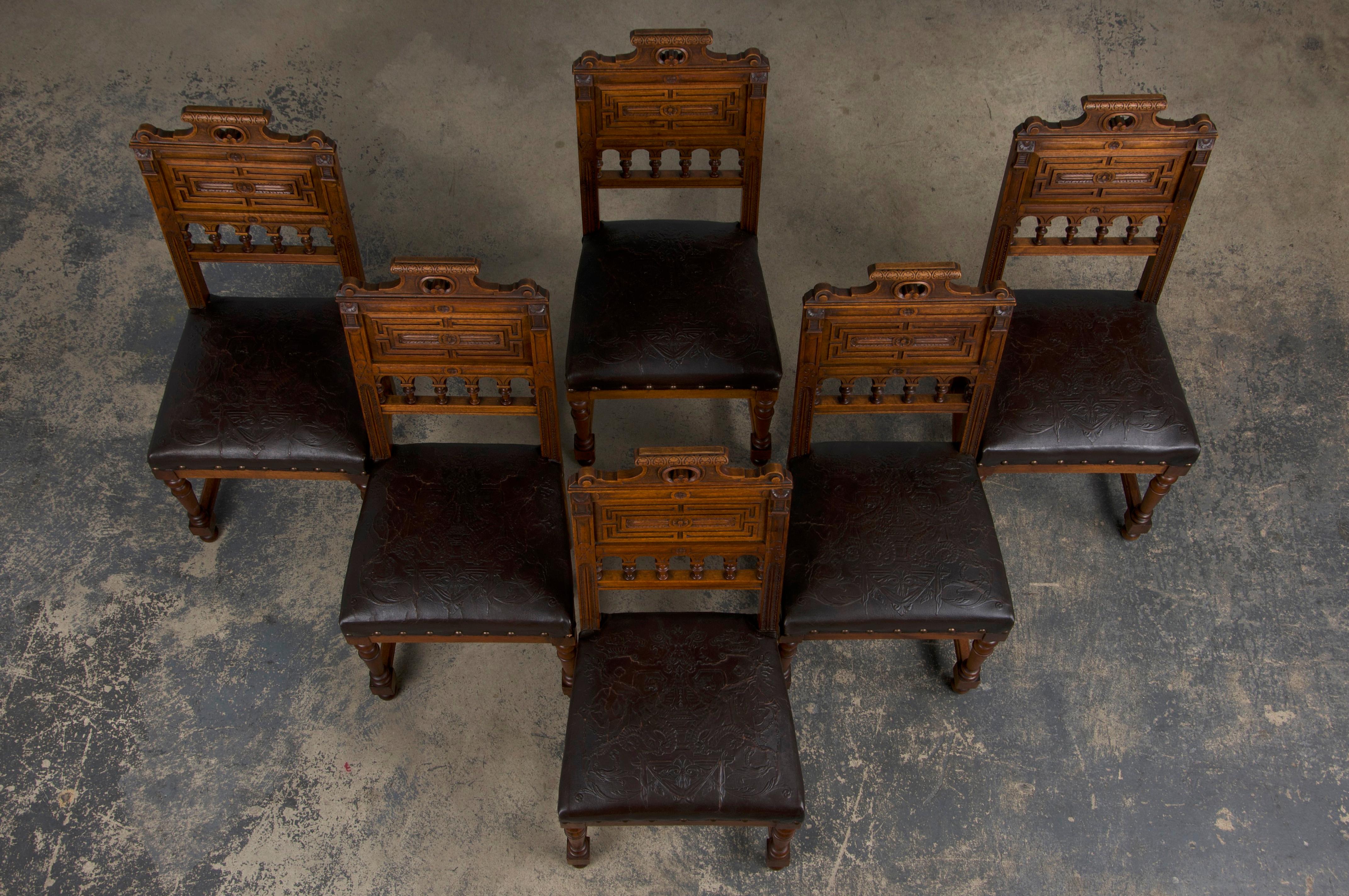 Renaissance Antique French Henry II Style Walnut Dining Chairs W/ Leather Seats - Set of 6