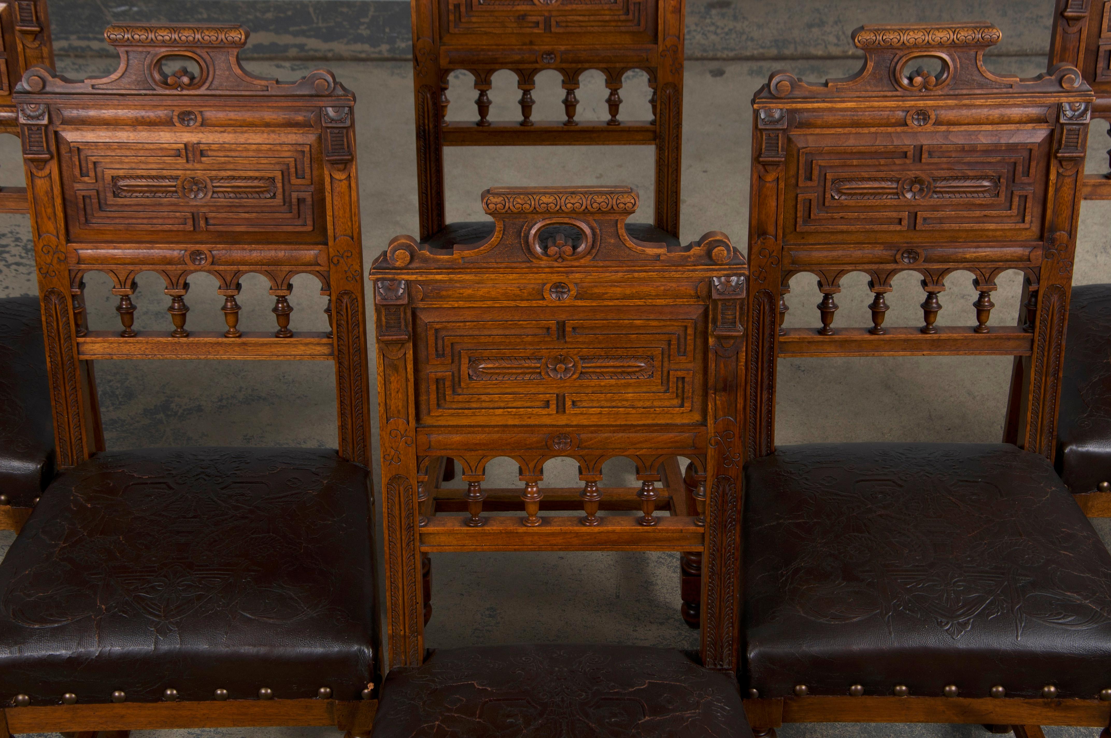 Hand-Carved Antique French Henry II Style Walnut Dining Chairs W/ Leather Seats - Set of 6