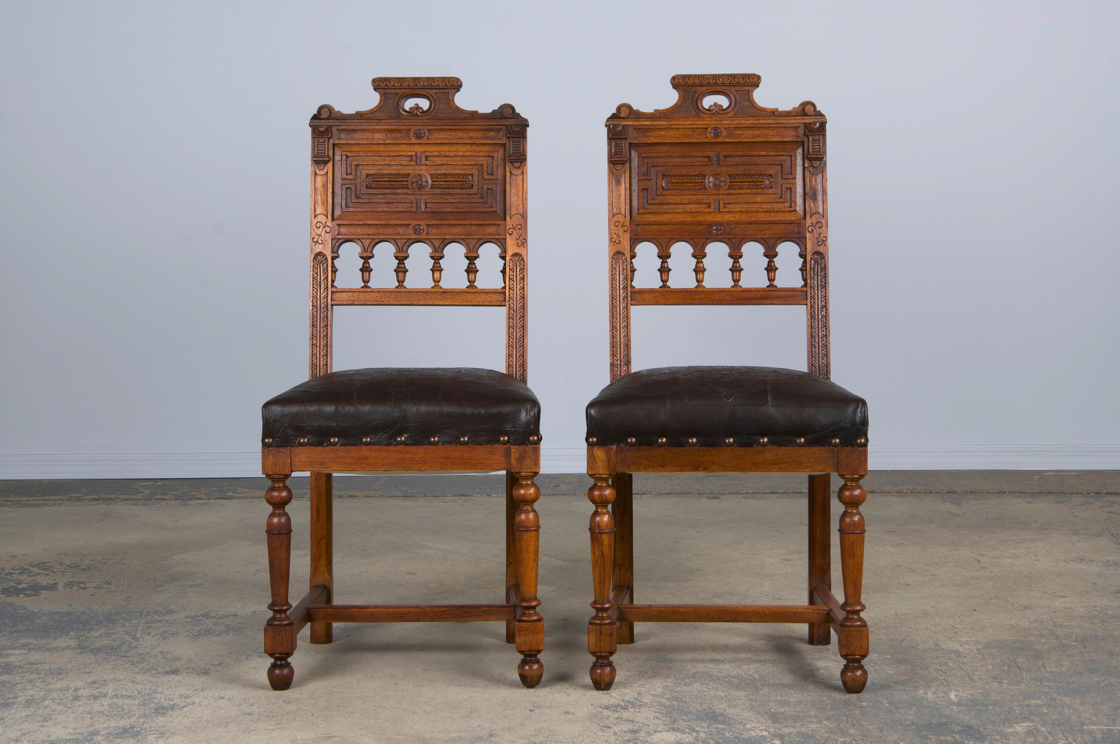 Antique French Henry II Style Walnut Dining Chairs W/ Leather Seats - Set of 6 In Good Condition In Astoria, NY