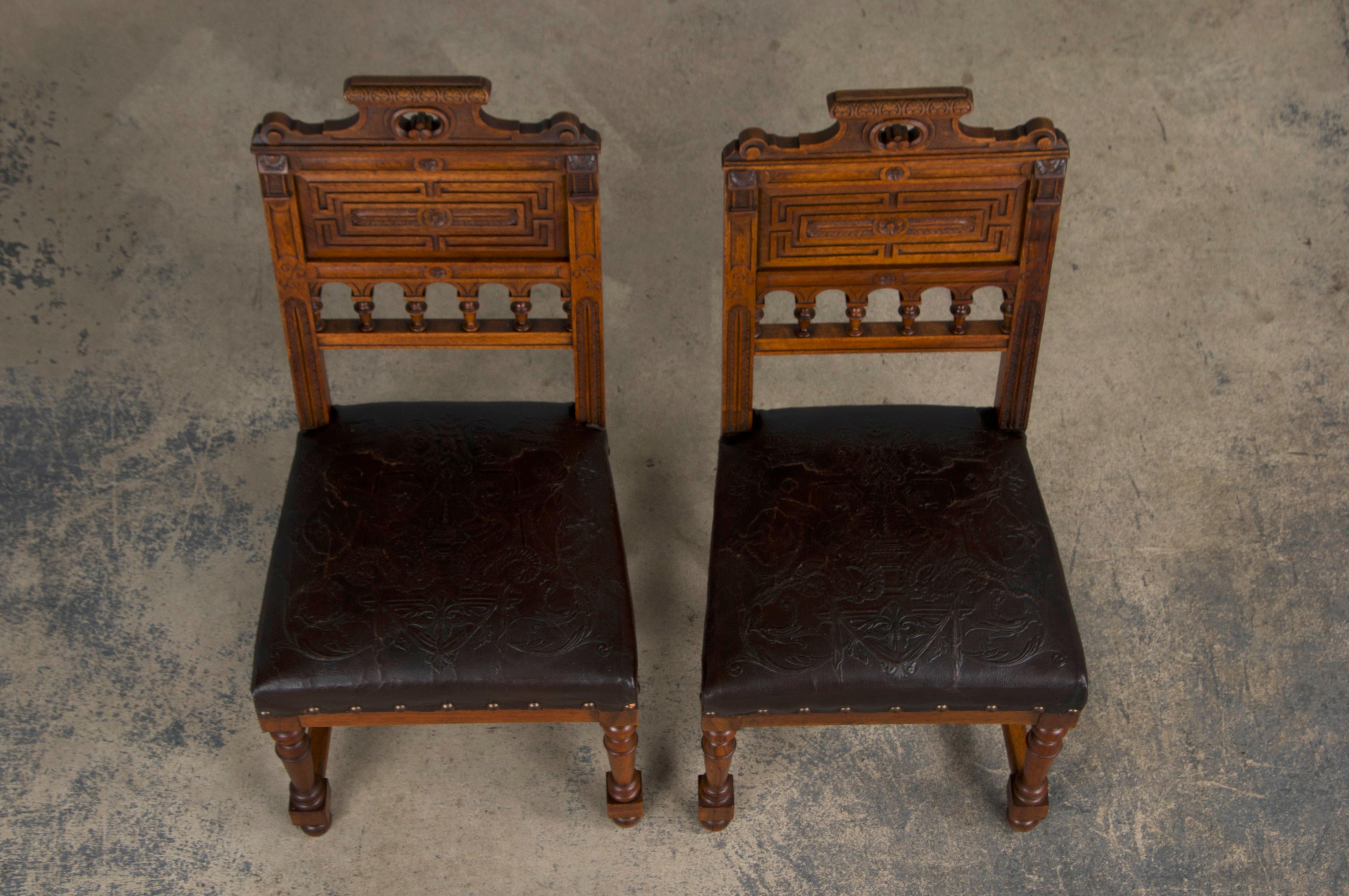 19th Century Antique French Henry II Style Walnut Dining Chairs W/ Leather Seats - Set of 6