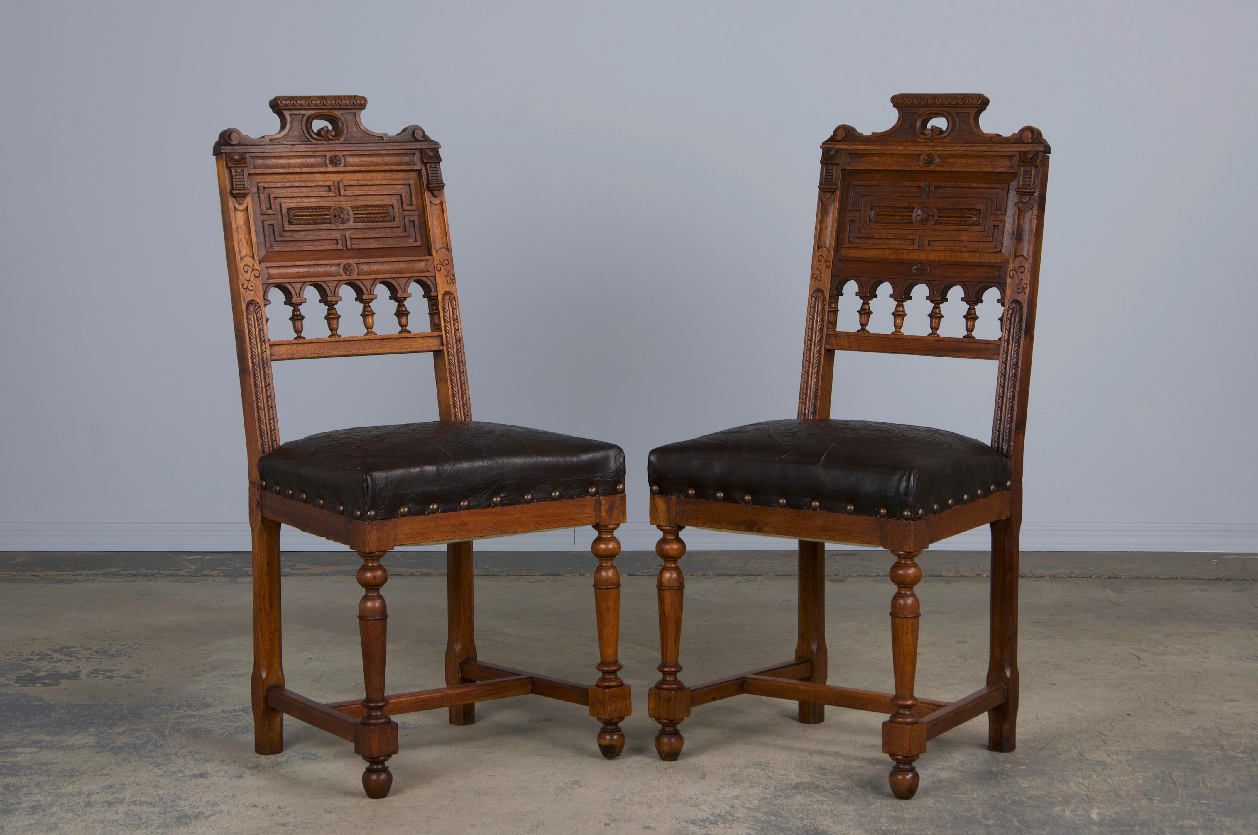 Antique French Henry II Style Walnut Dining Chairs W/ Leather Seats - Set of 6 1
