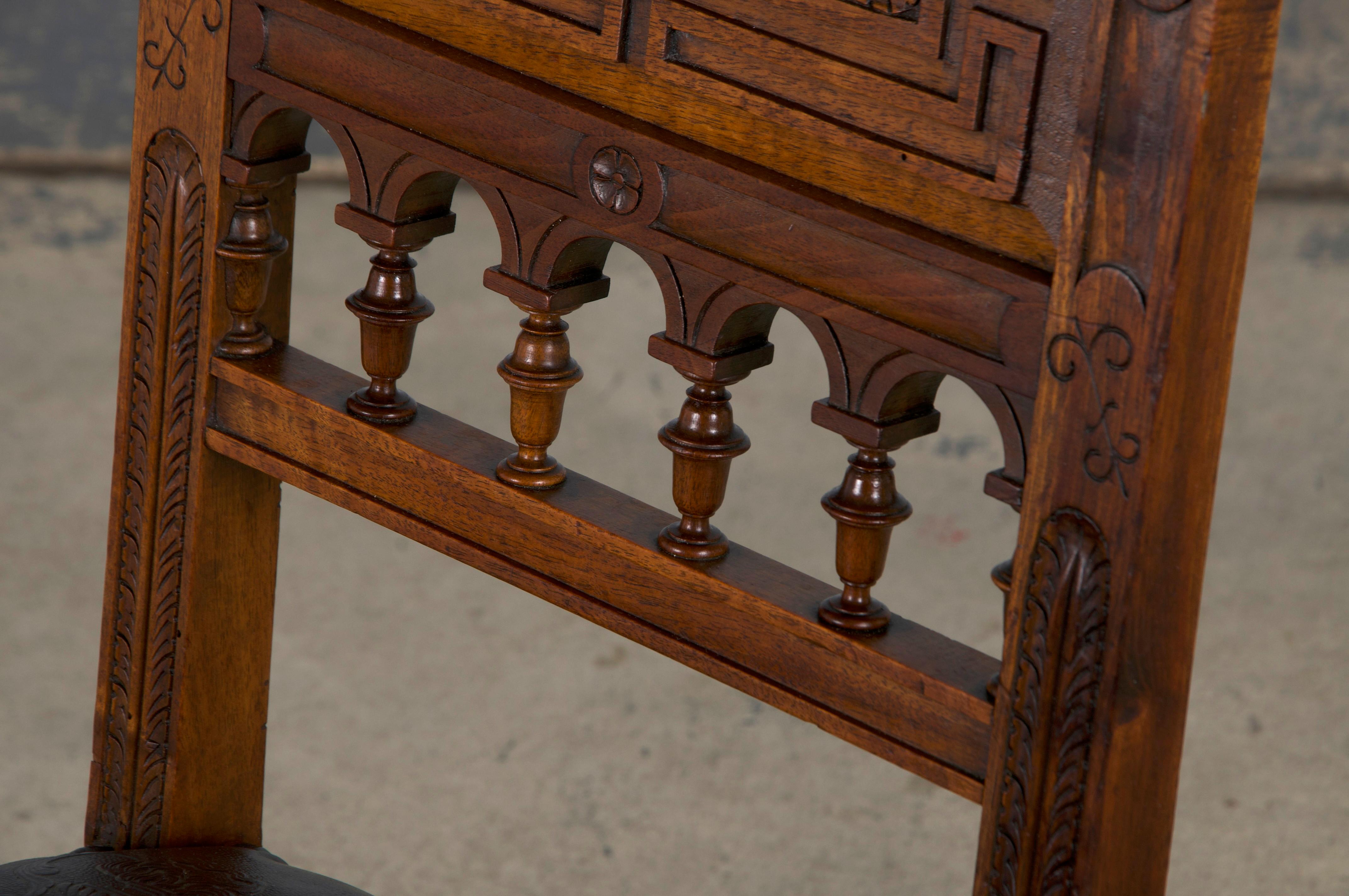 Antique French Henry II Style Walnut Dining Chairs W/ Leather Seats - Set of 6 3