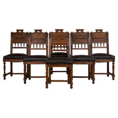 Antique French Henry II Style Walnut Dining Chairs W/ Leather Seats - Set of 6