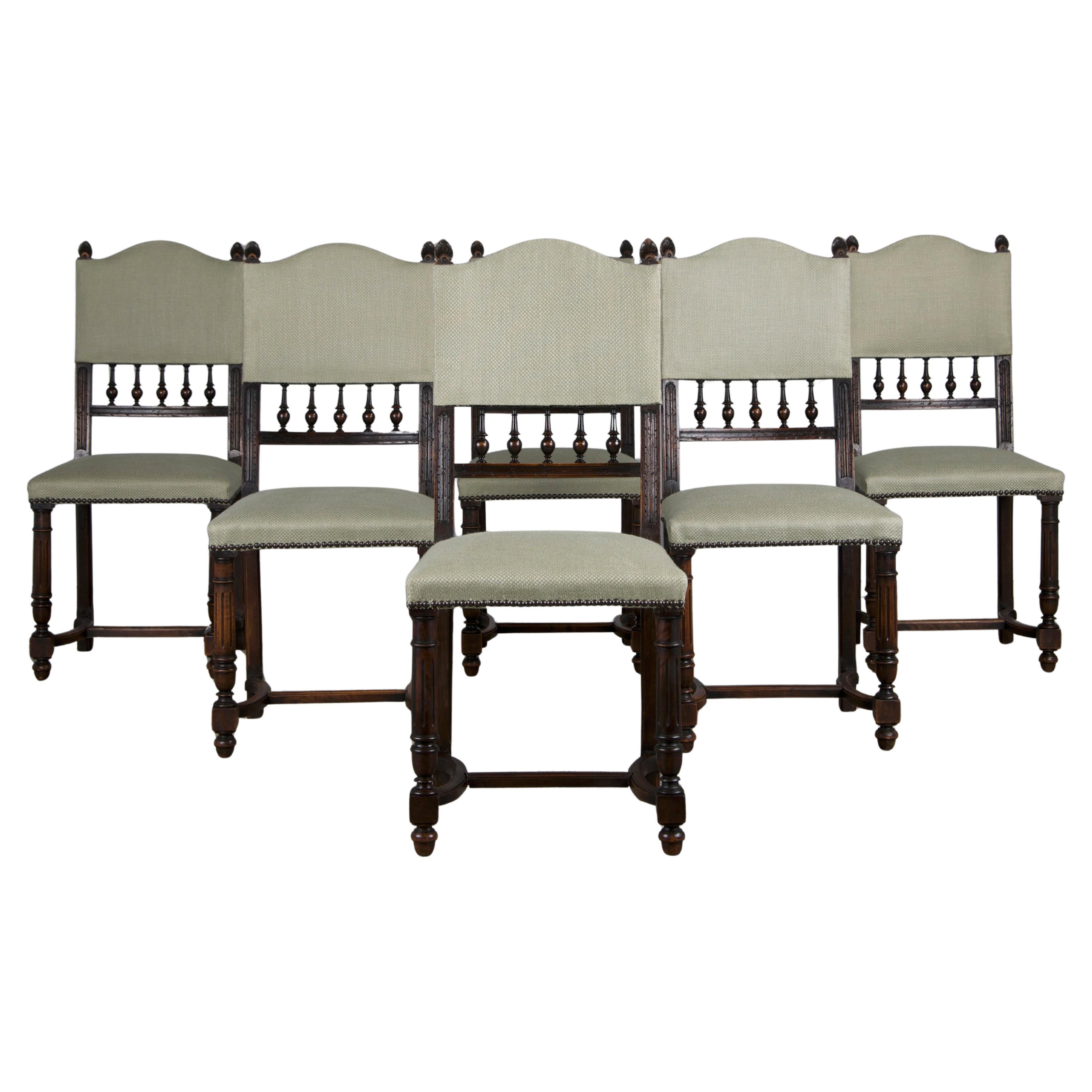 Antique French Henry II Style Walnut Dining Chairs W/ Sage Green Fabric-Set of 6