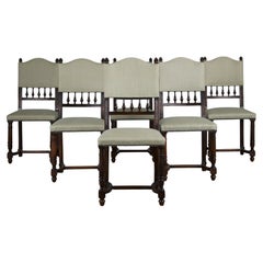 Antique French Henry II Style Walnut Dining Chairs W/ Sage Green Fabric-Set of 6