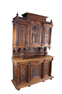 Antique French Henry II Walnut Buffet à Deux Corps Cabinet Cupboard Hutch 106"