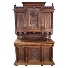 Antique French Henry II Walnut Buffet à Deux Corps Cabinet Cupboard Hutch 106"