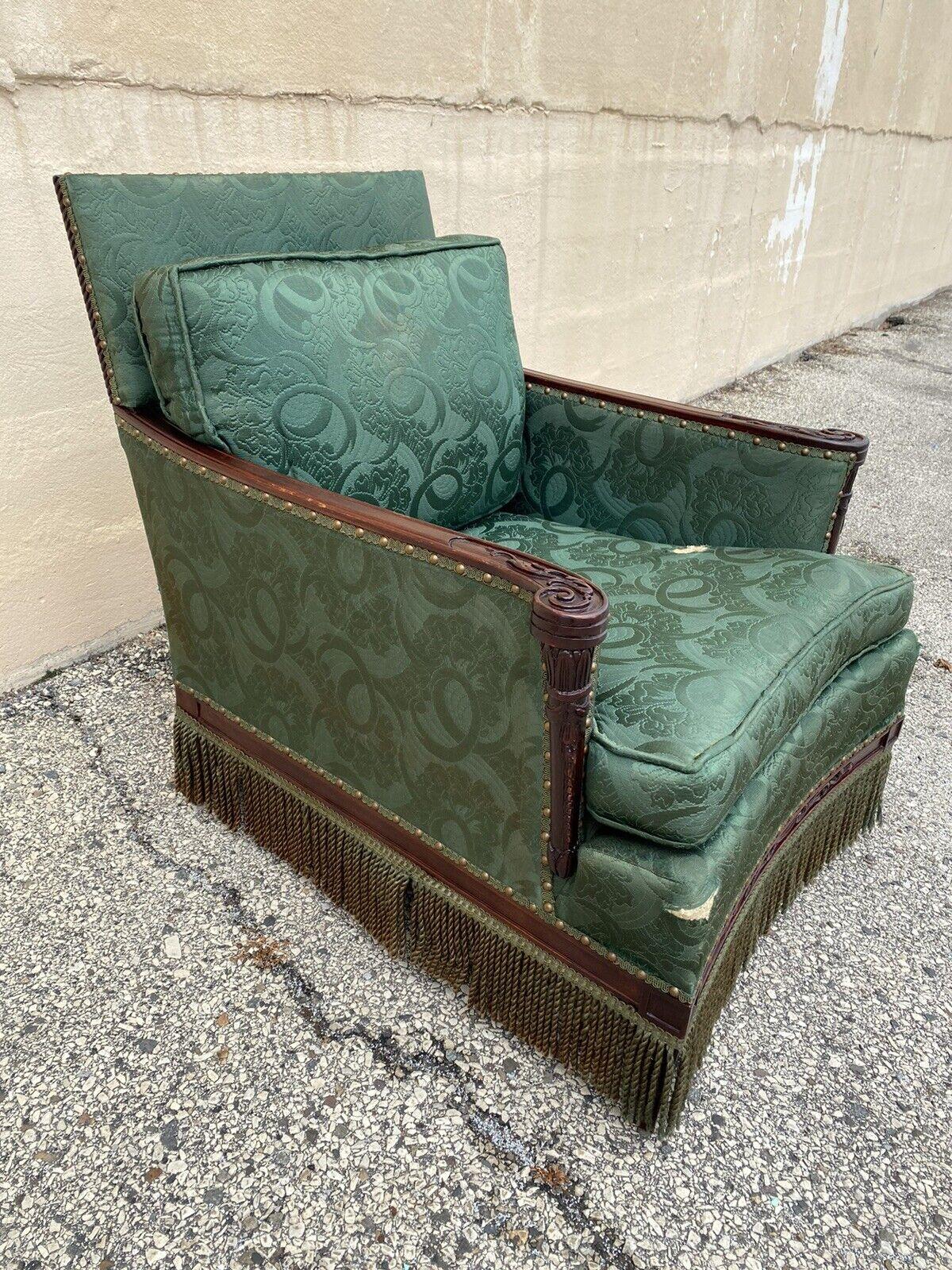 Antique French Hollywood regency carved mahogany Art Deco club lounge chair. Item features solid wood construction, beautiful wood grain, nicely carved details, very nice antique item, quality American craftsmanship, great style and form. Circa