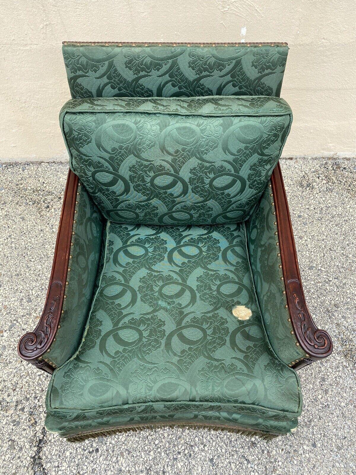 Antique French Hollywood Regency Carved Mahogany Art Deco Club Lounge Chair In Good Condition For Sale In Philadelphia, PA