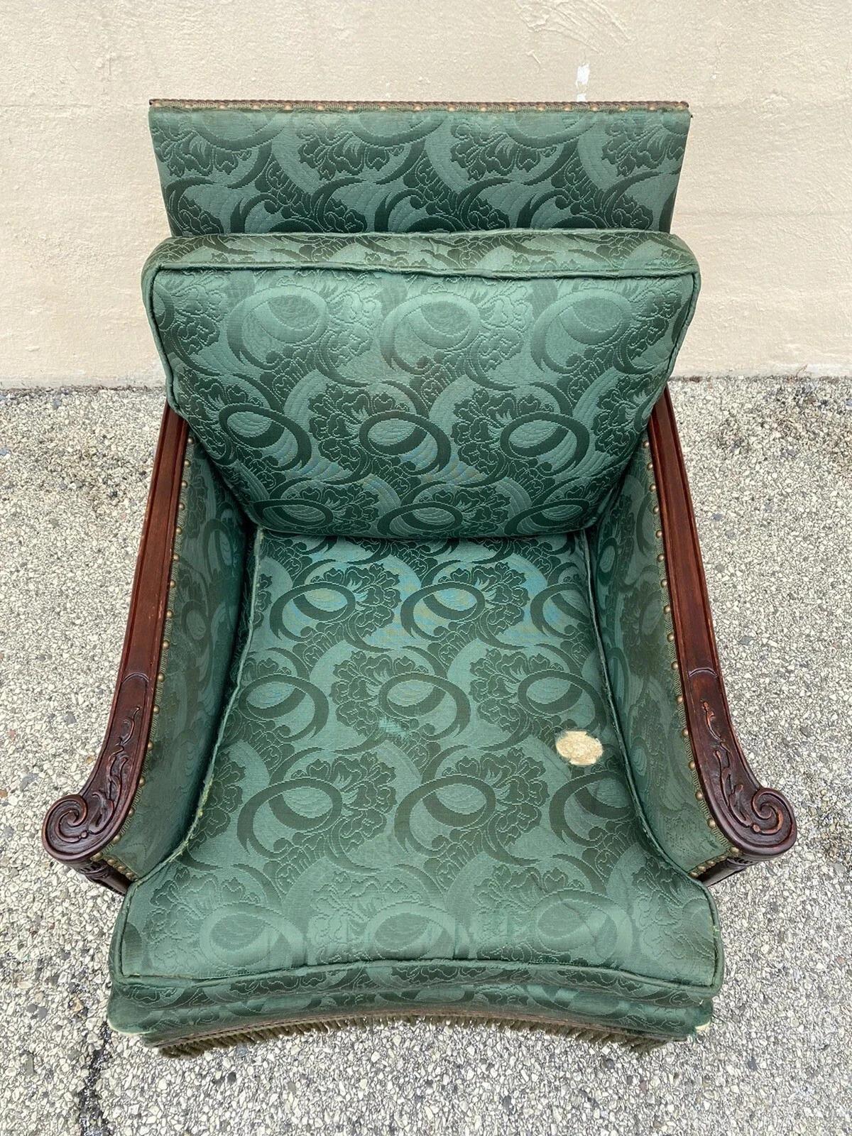 Unknown Antique French Hollywood Regency Carved Mahogany Art Deco Club Lounge Chair For Sale