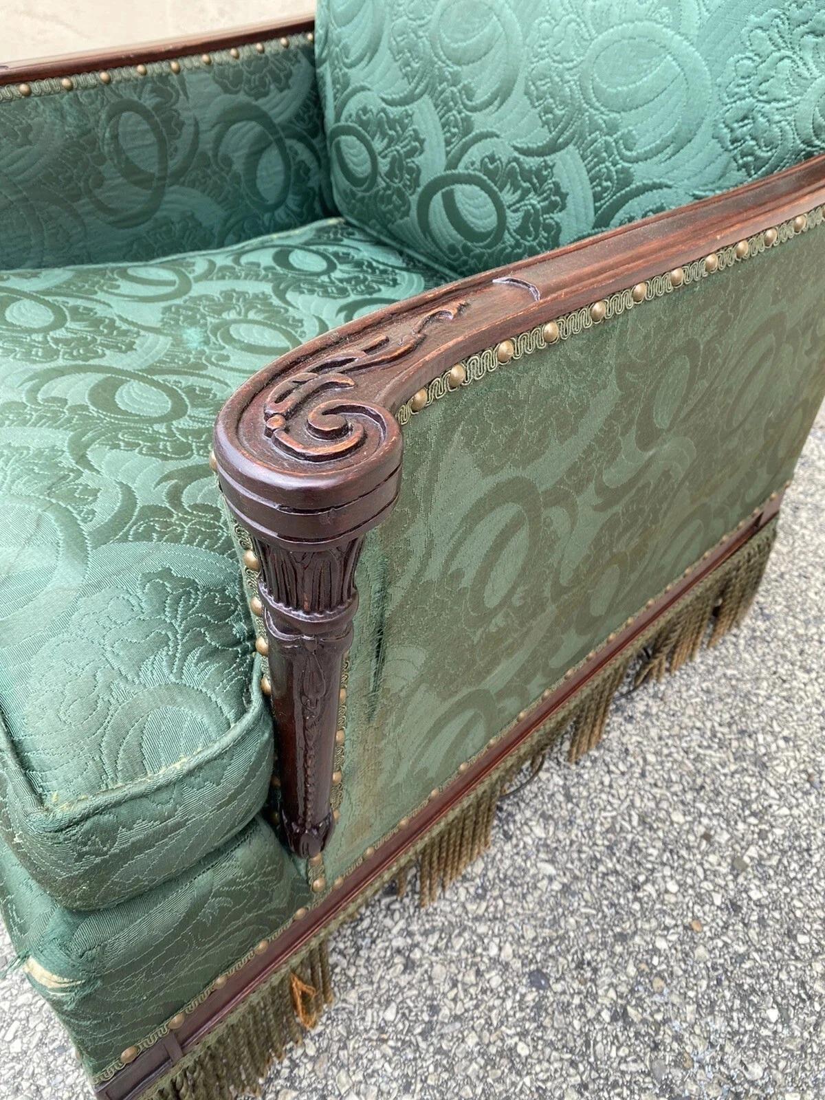 Antique French Hollywood Regency Carved Mahogany Art Deco Club Lounge Chair For Sale 1