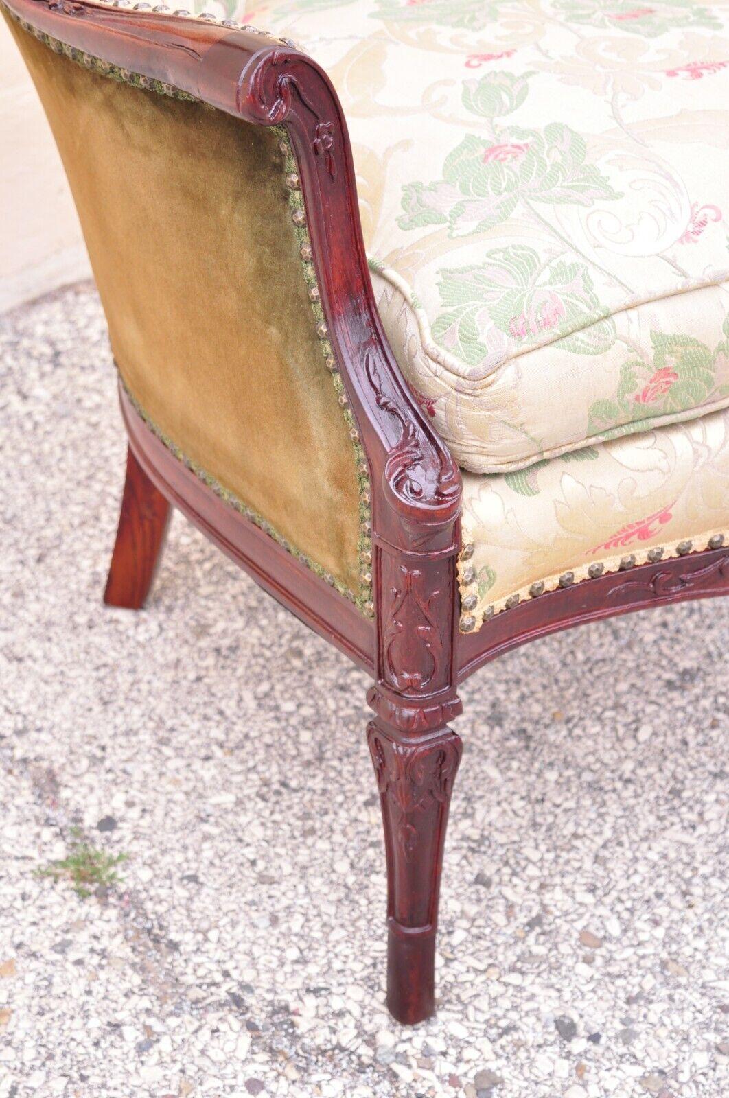 Antique French Hollywood Regency Carved Mahogany Fireside Wingback Arm Chair In Good Condition For Sale In Philadelphia, PA