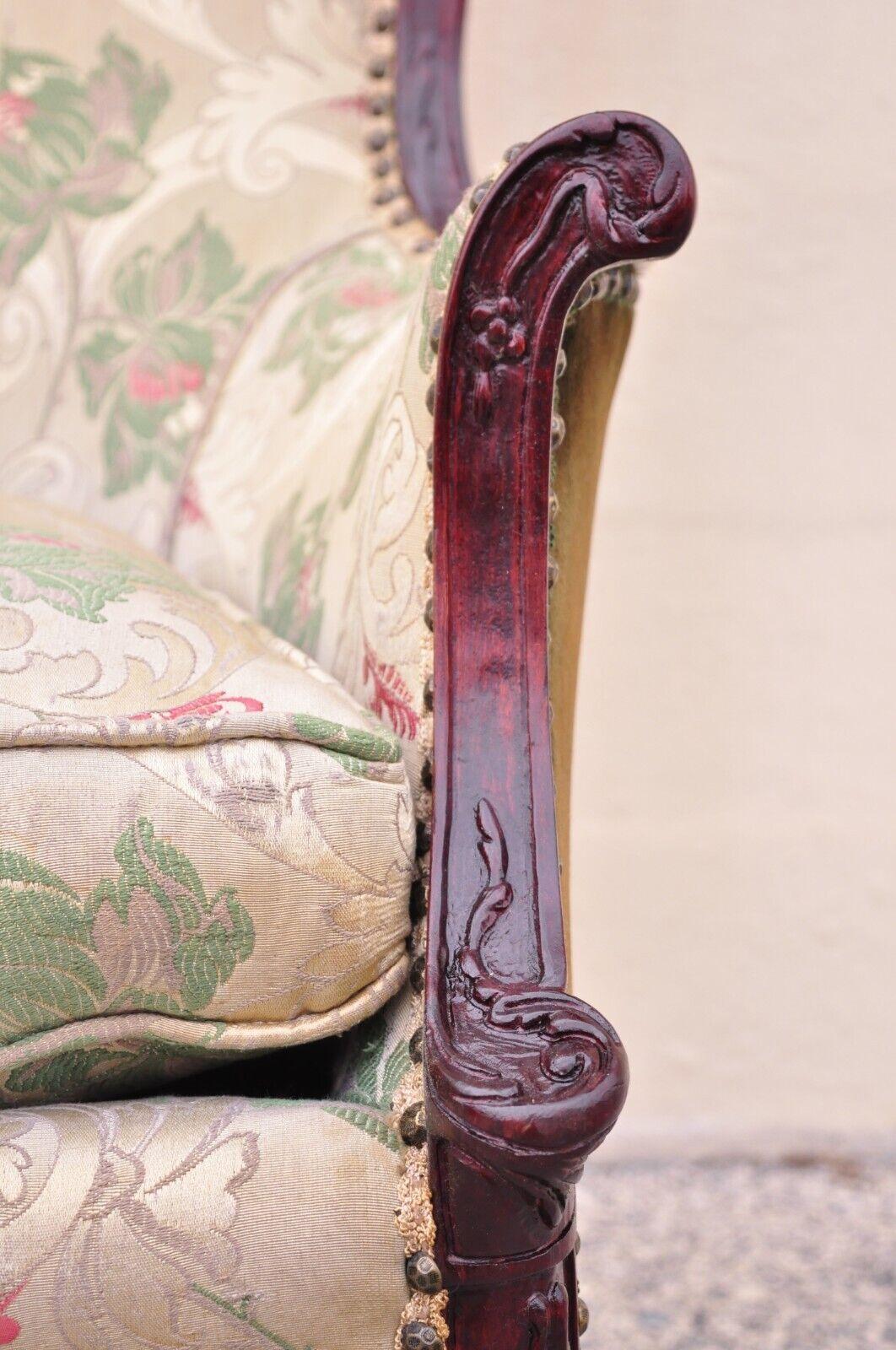 20th Century Antique French Hollywood Regency Carved Mahogany Fireside Wingback Arm Chair For Sale