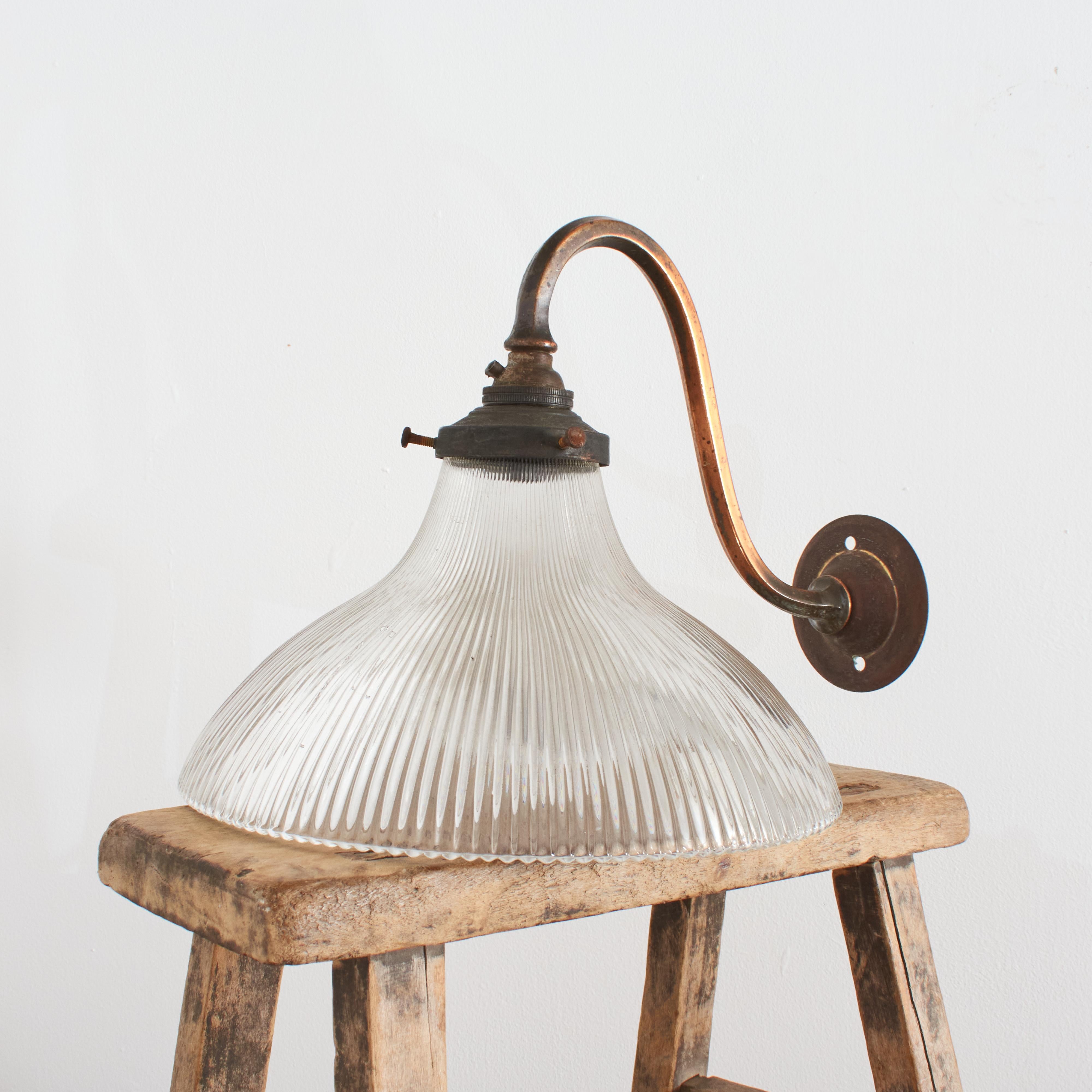 French Provincial Antique French Holophane Frill Glass Brass Wall Task Kitchen Light Lamp For Sale