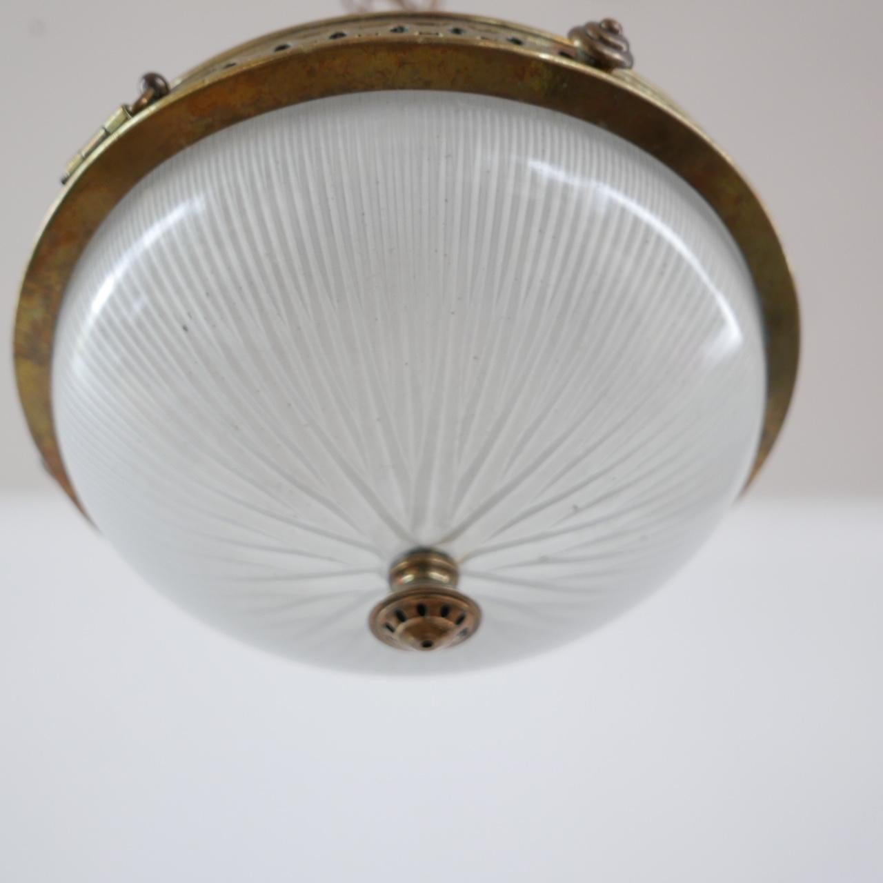 Brass Antique French Holophane Pendant Light For Sale