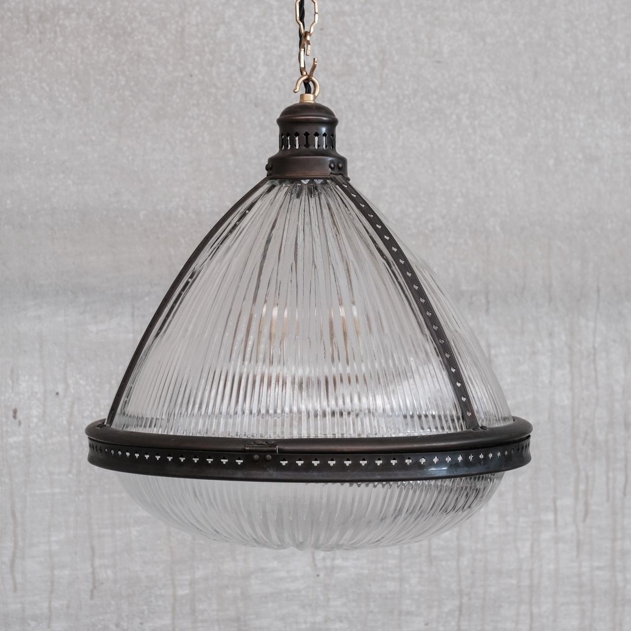 20th Century Antique French Holophane Prismatic Glass Pendant Light For Sale