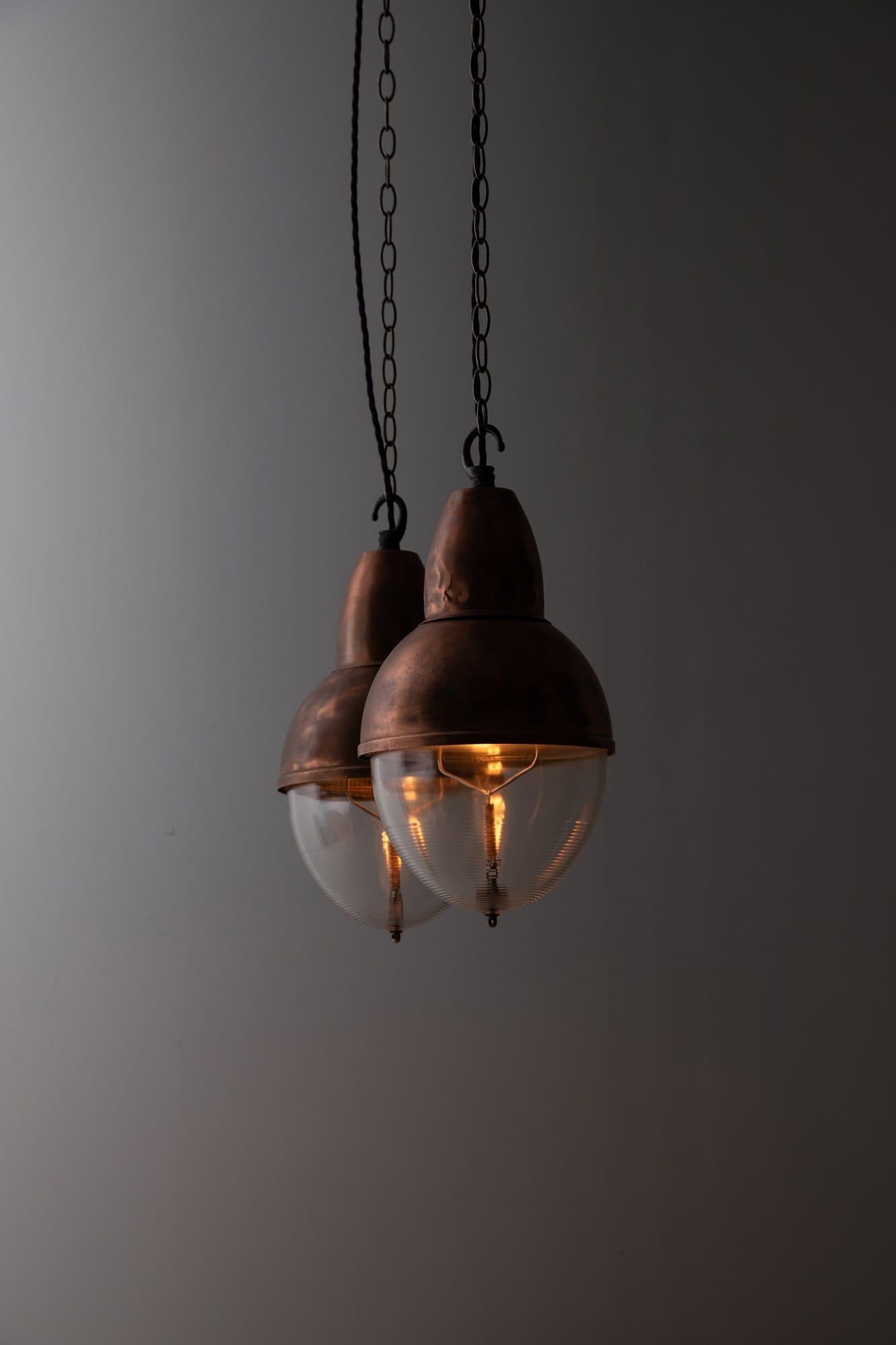Rame Antique French Holophane Prismatic Glass Pendant Street Light, c.1930 in vendita