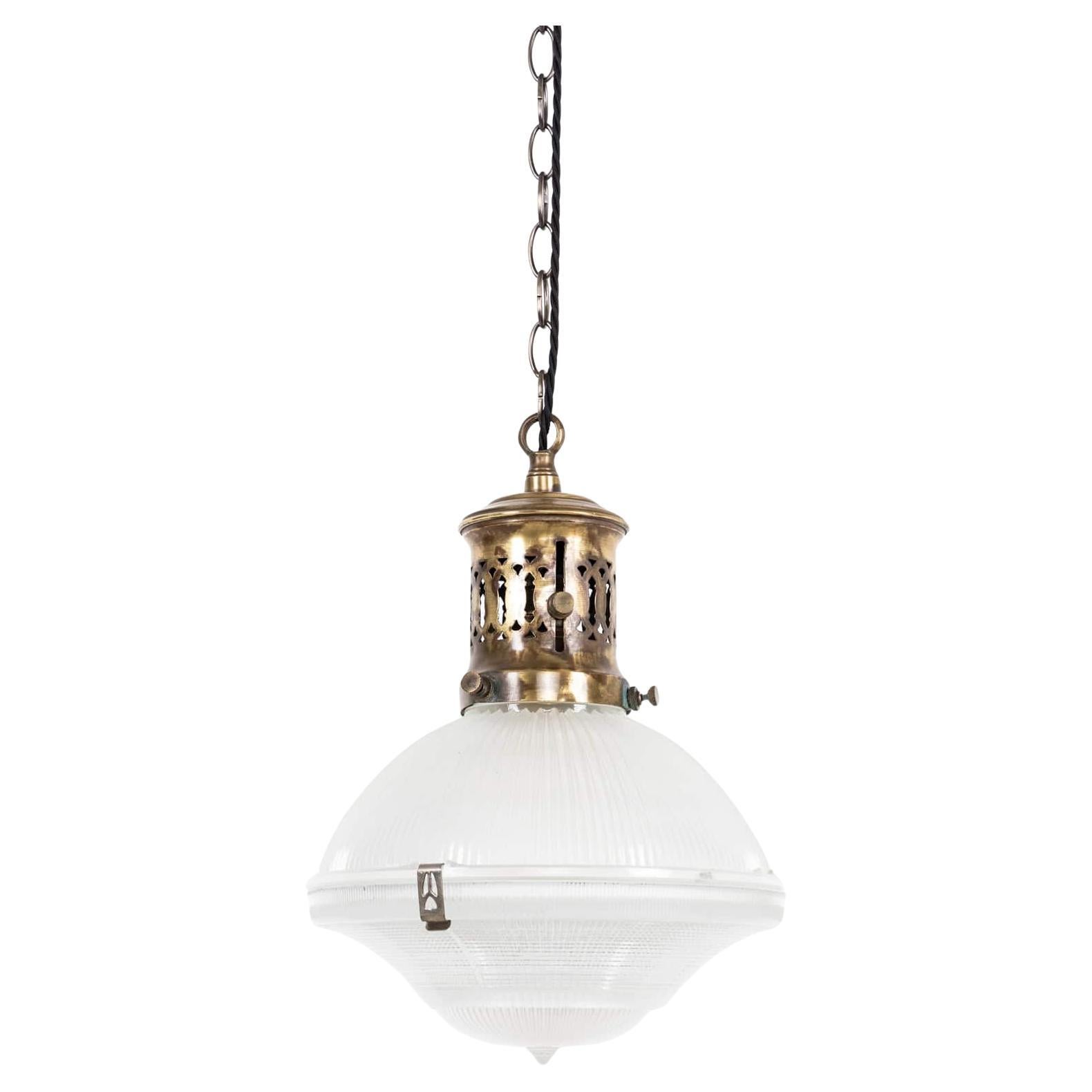 Antique French Holophane Reflector-Refractor Glass Pendant Light, c.1920