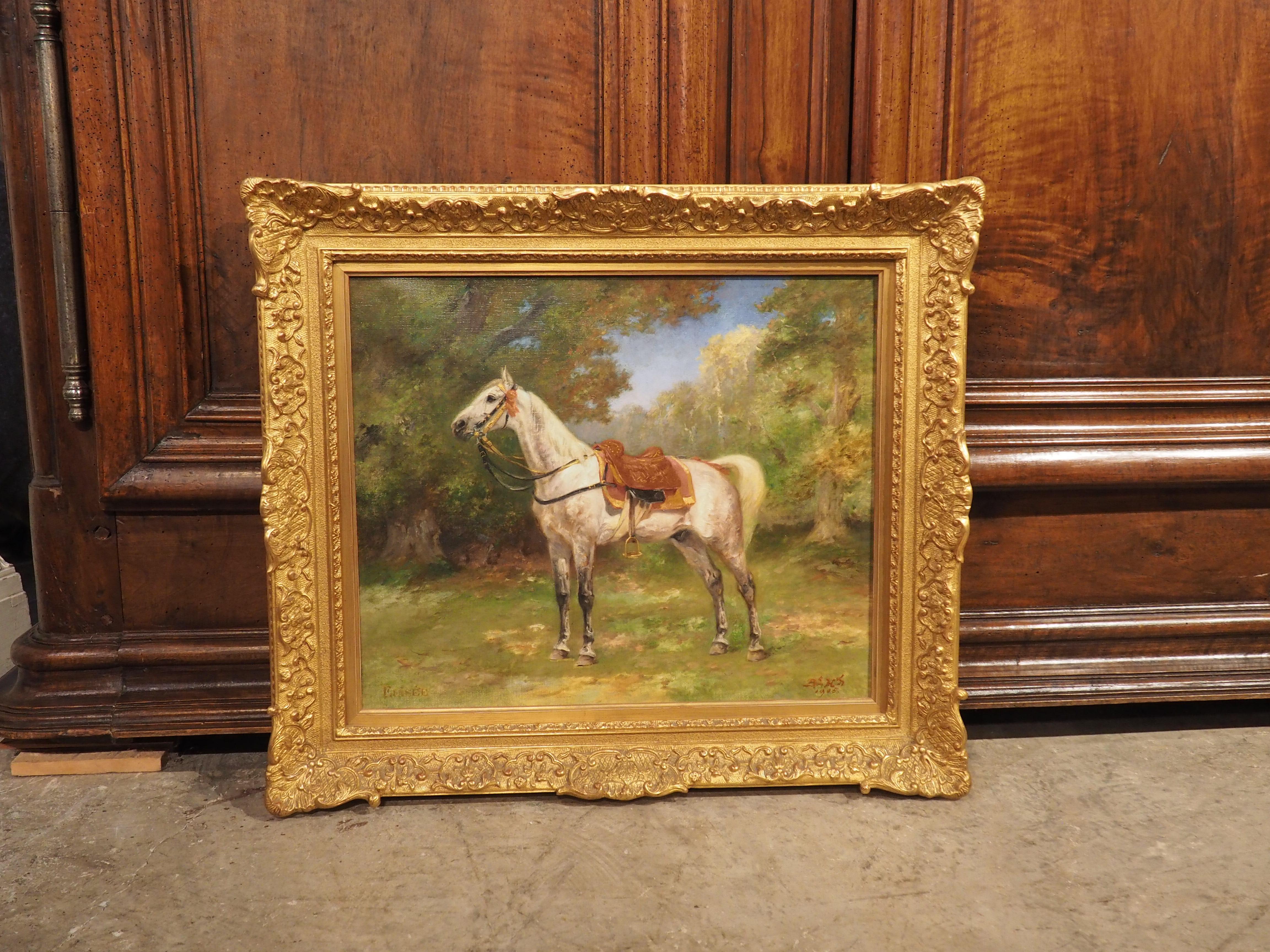 This charming French school portrait of a saddled horse was painted in 1905. It might have been commissioned by the horse’s owner, as the name “Elysee” is inscribed in the lower left corner. There is an illegible signature in the lower right corner